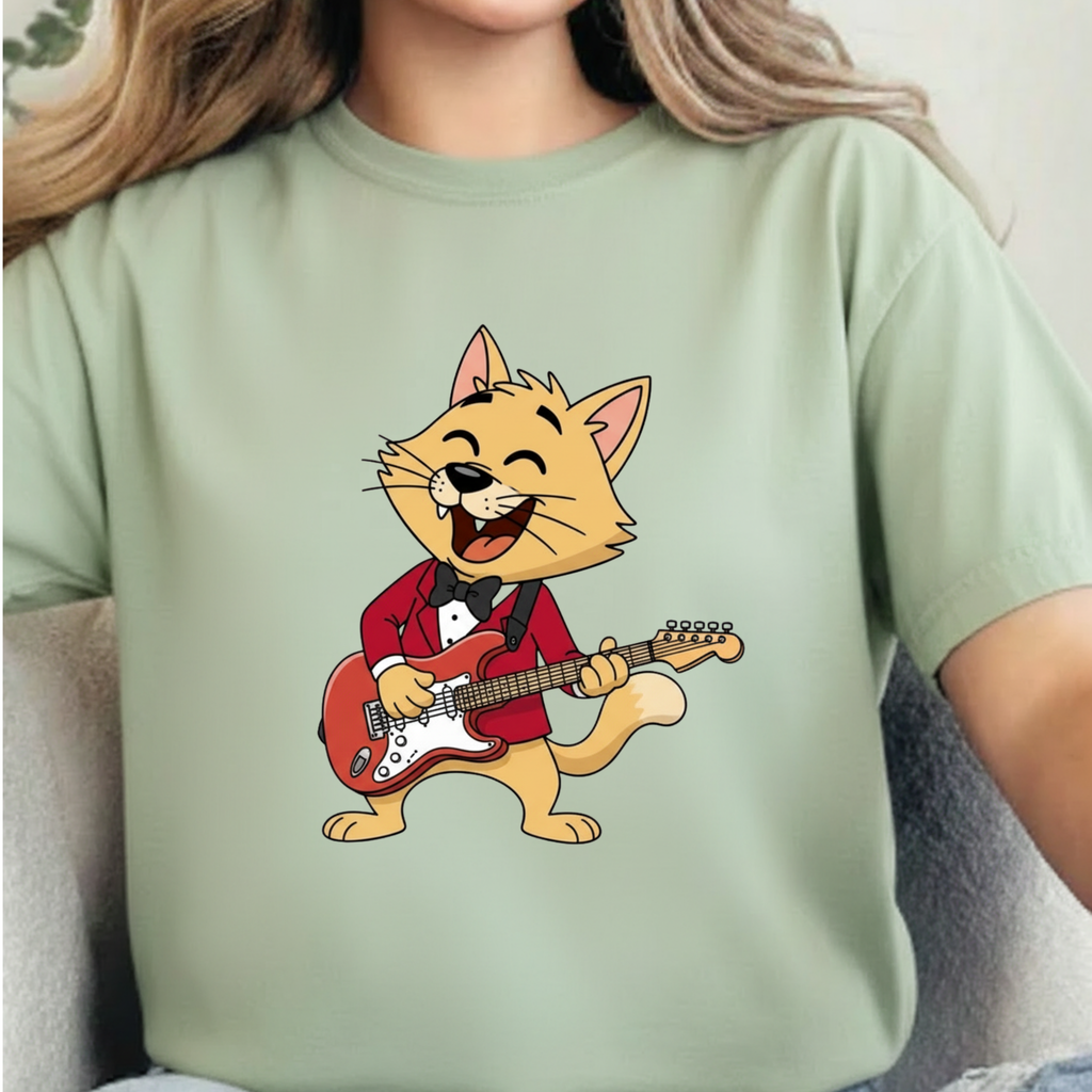 Cat Rocker T-Shirt – Cute Guitar-Playing Cat Graphic Tee Retro Cat Rock