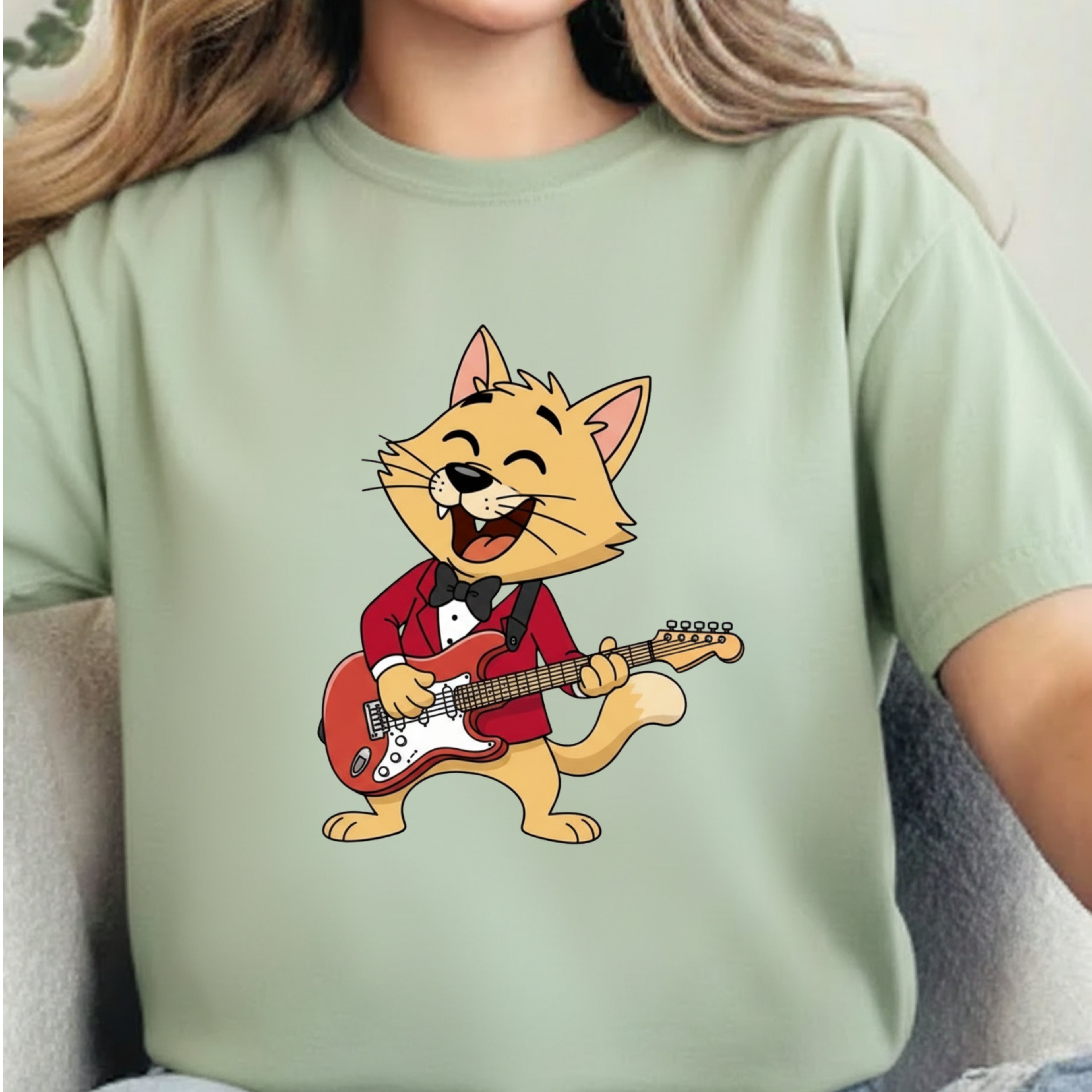 Cat Rocker T-Shirt – Cute Guitar-Playing Cat Graphic Tee Retro Cat Rock