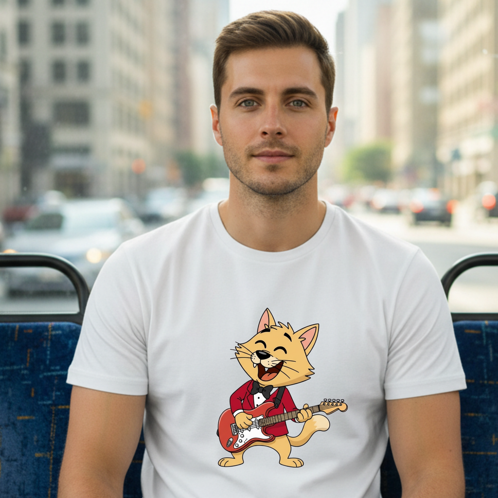 Cat Rocker T-Shirt – Cute Guitar-Playing Cat Graphic Tee Retro Cat Rock