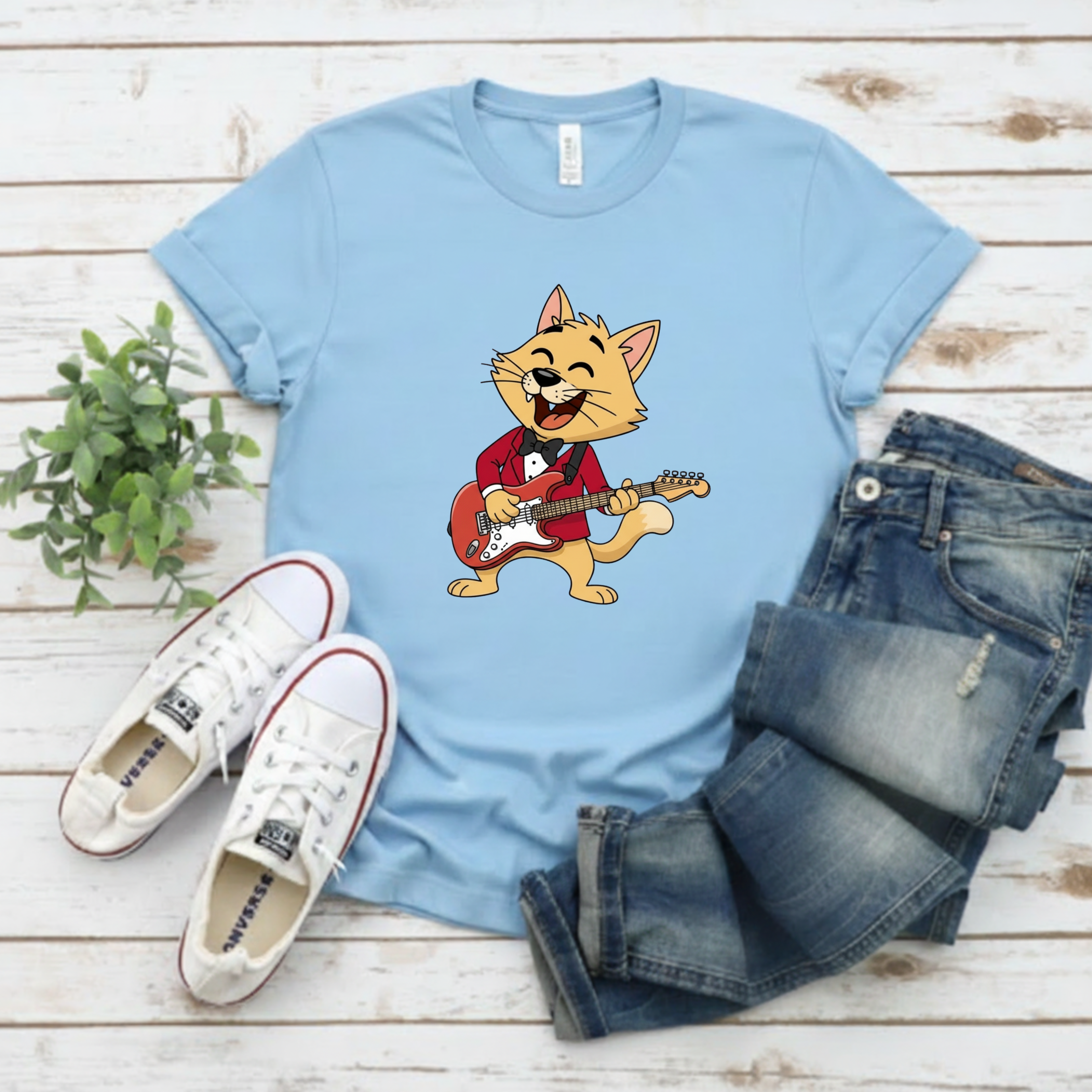 Cat Rocker T-Shirt – Cute Guitar-Playing Cat Graphic Tee Retro Cat Rock