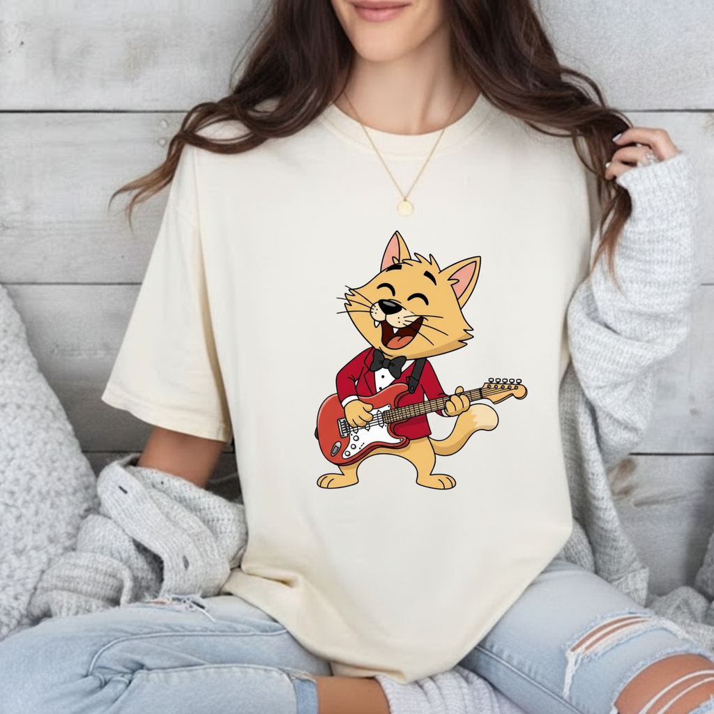 Cat Rocker T-Shirt – Cute Guitar-Playing Cat Graphic Tee Retro Cat Rock