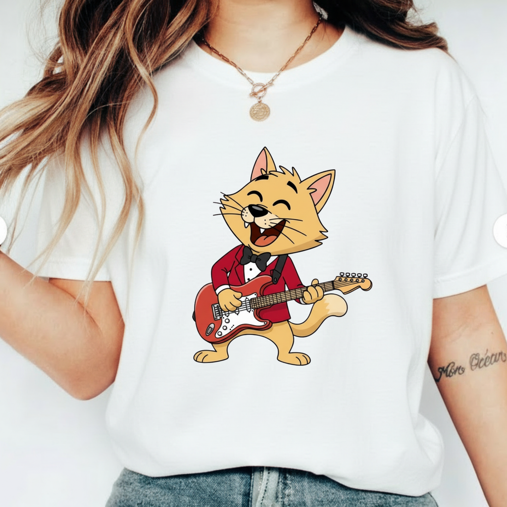 Cat Rocker T-Shirt – Cute Guitar-Playing Cat Graphic Tee Retro Cat Rock