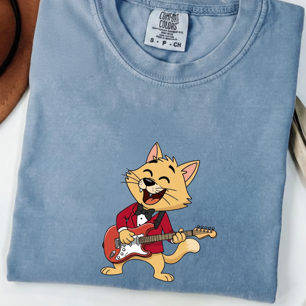 Cat Rocker T-Shirt – Cute Guitar-Playing Cat Graphic Tee Retro Cat Rock