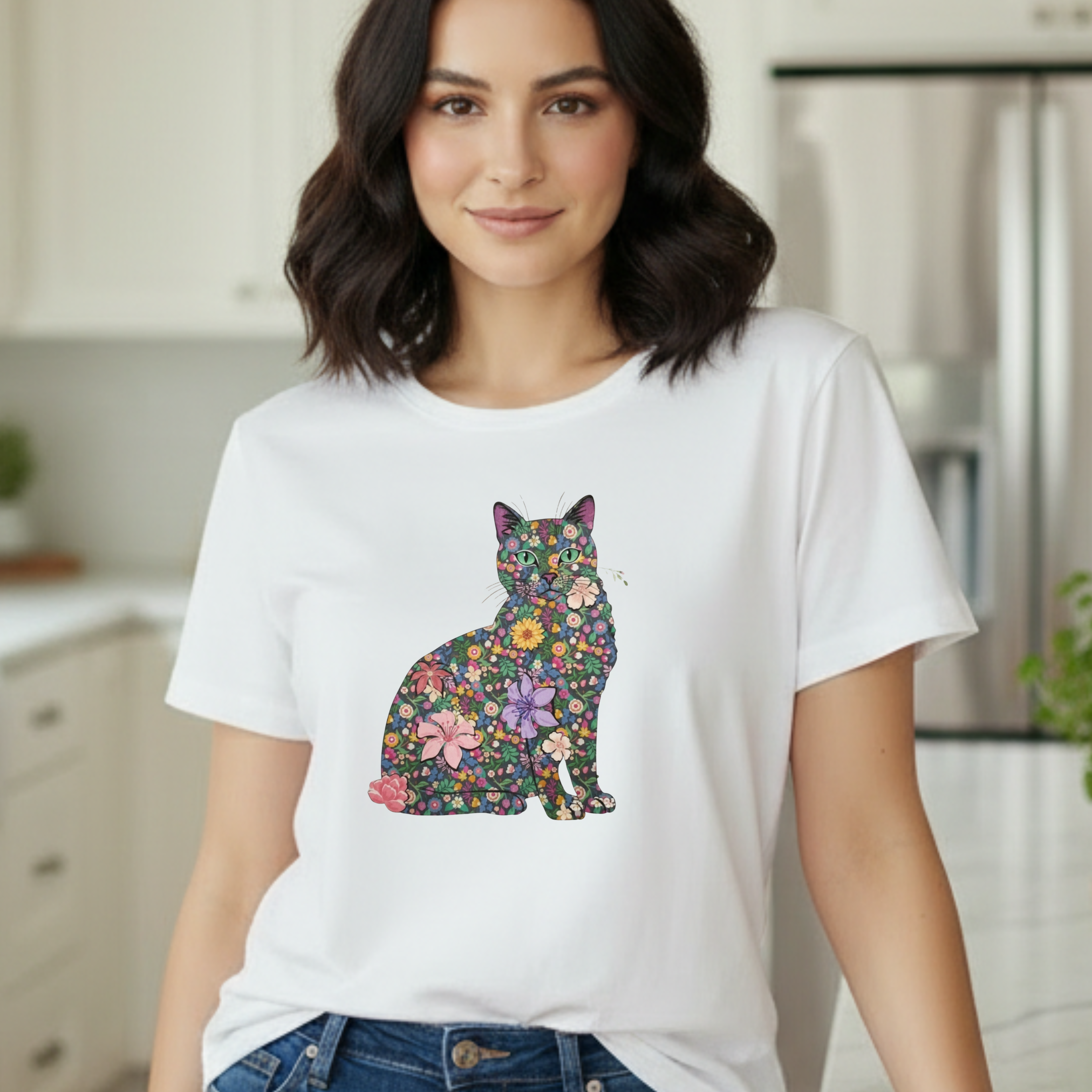Floral Cat Silhouette Tee — Women's Cute Flower Cat T-Shirt