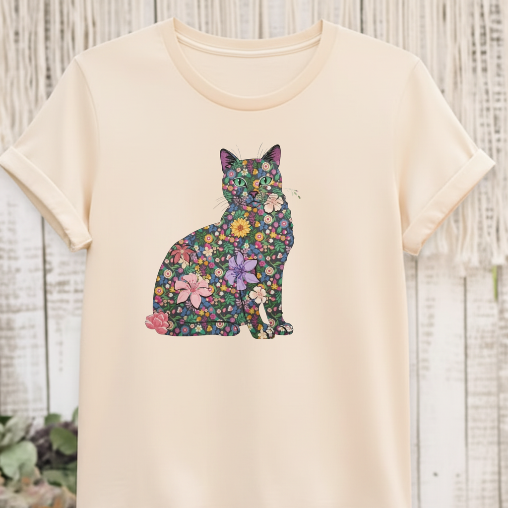 Floral Cat Silhouette Tee — Women's Cute Flower Cat T-Shirt
