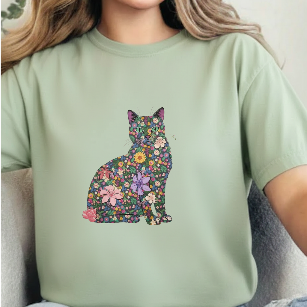 Floral Cat Silhouette Tee — Women's Cute Flower Cat T-Shirt