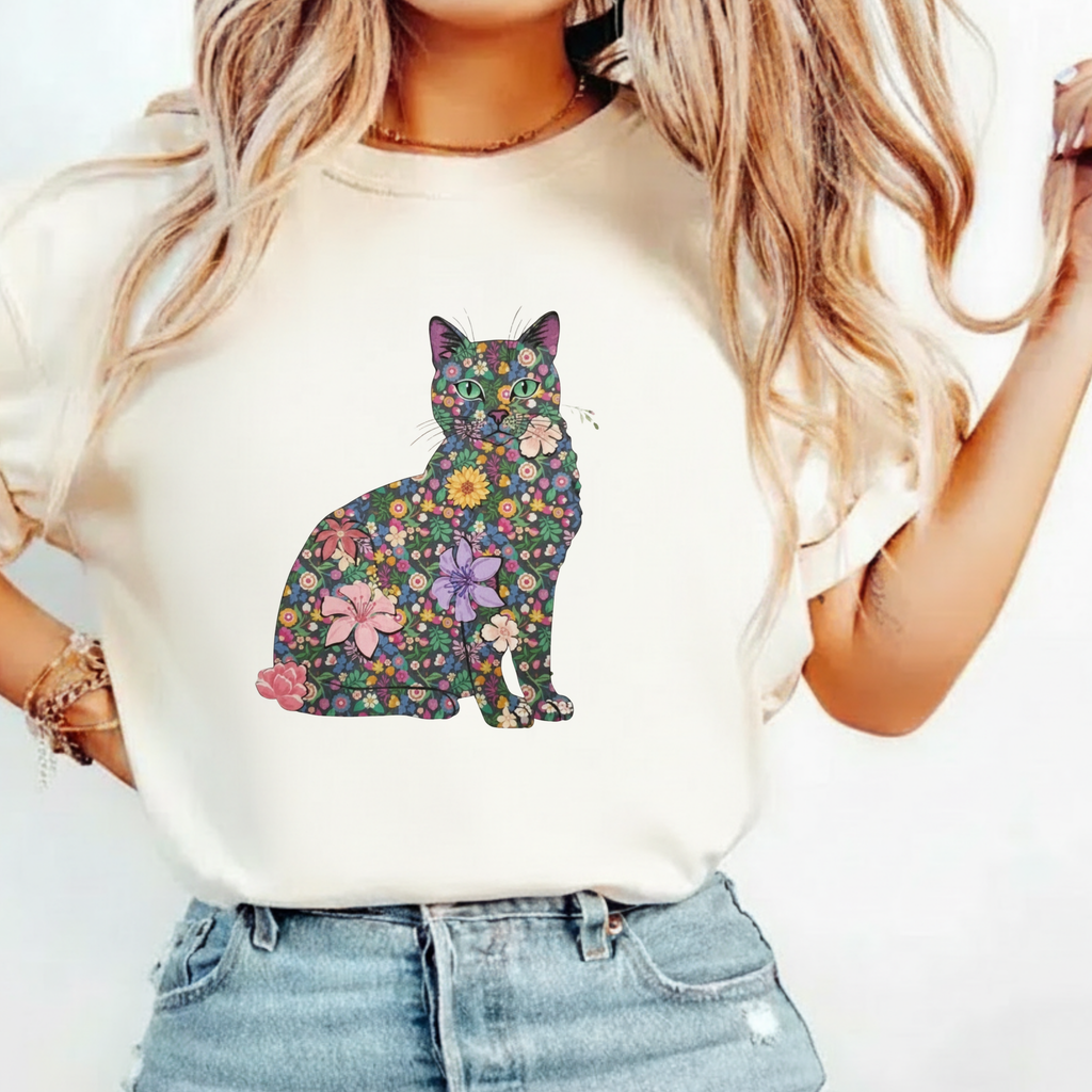 Floral Cat Silhouette Tee — Women's Cute Flower Cat T-Shirt