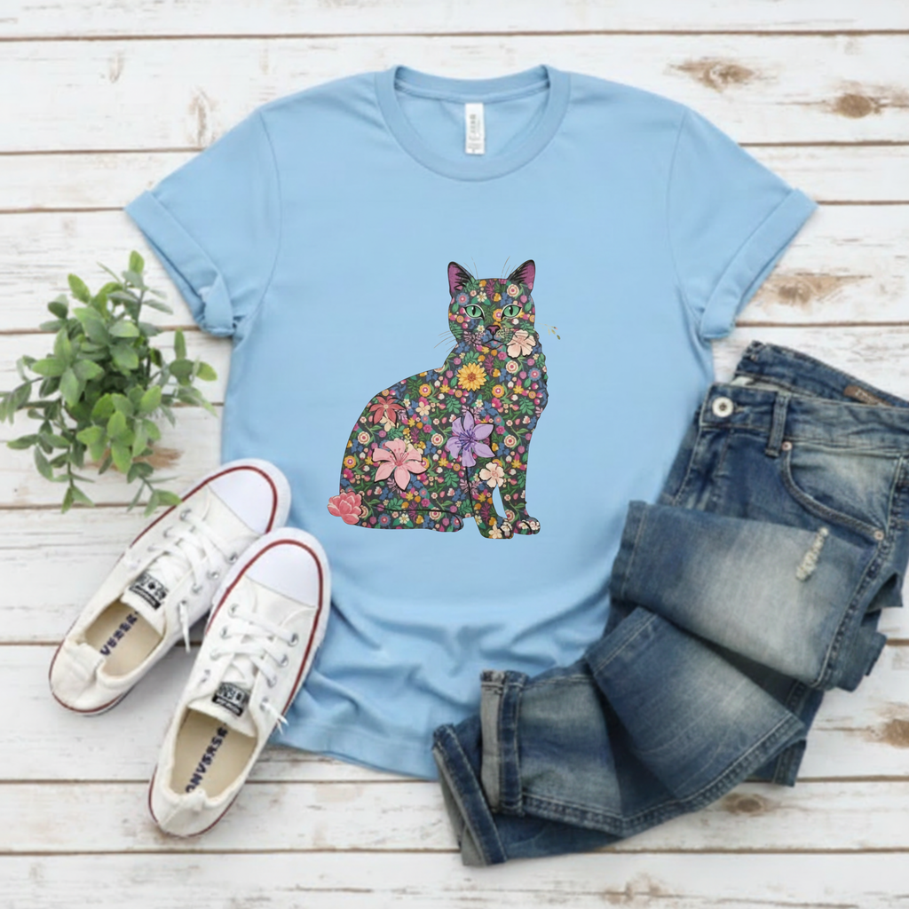 Floral Cat Silhouette Tee — Women's Cute Flower Cat T-Shirt