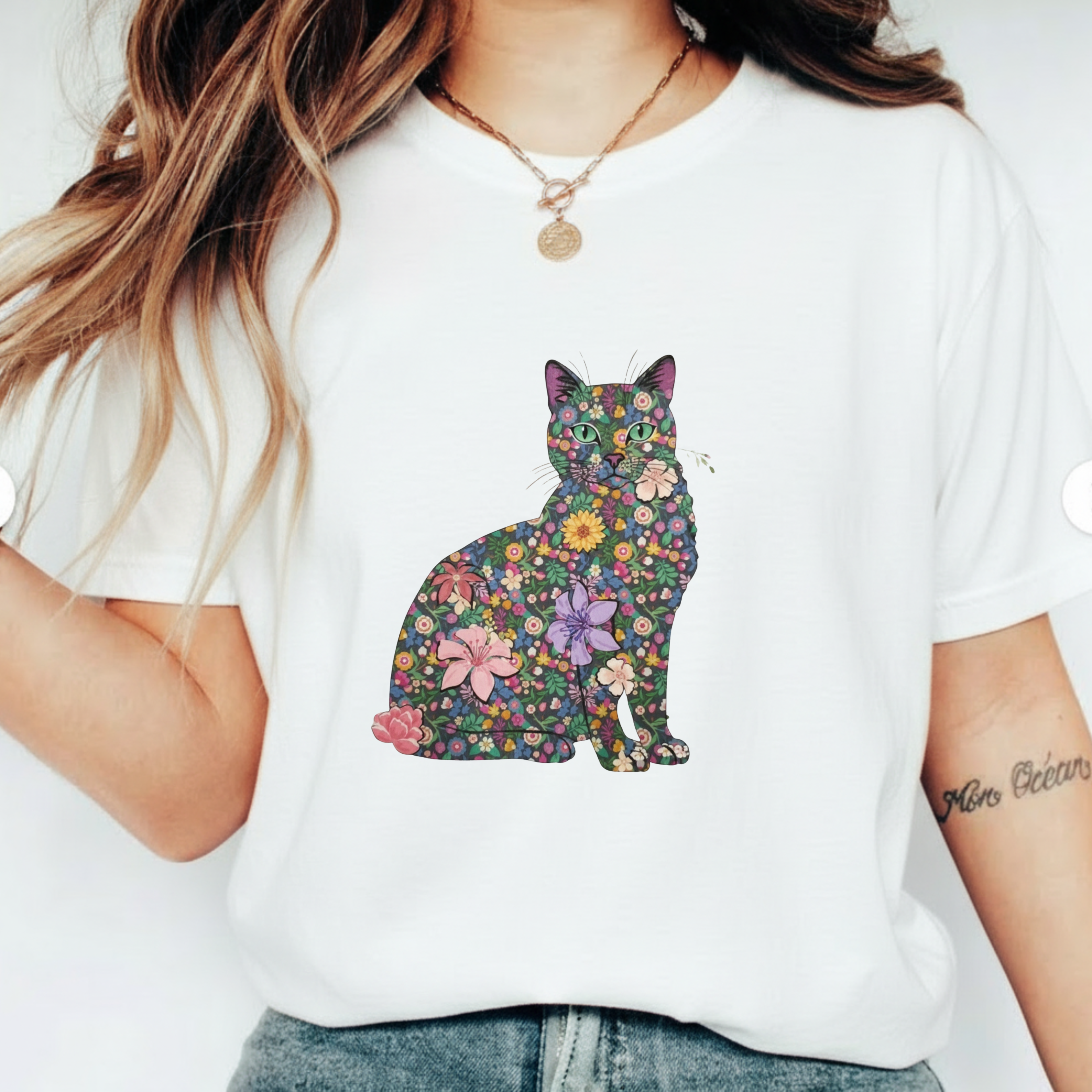 Floral Cat Silhouette Tee — Women's Cute Flower Cat T-Shirt