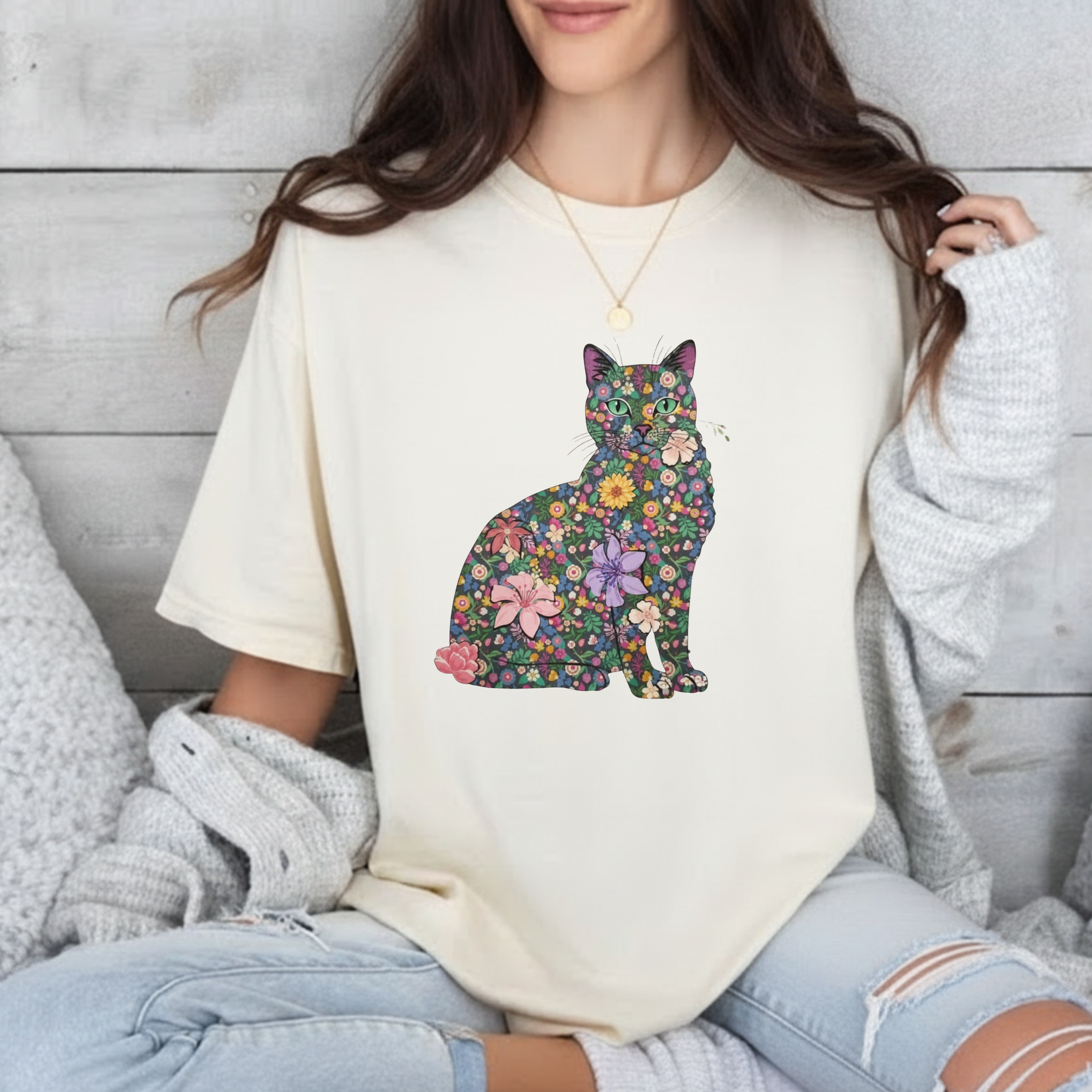 Floral Cat Silhouette Tee — Women's Cute Flower Cat T-Shirt