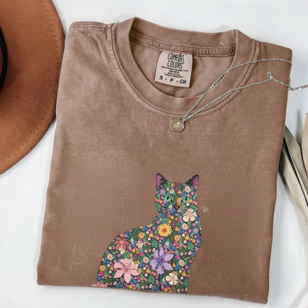 Floral Cat Silhouette Tee — Women's Cute Flower Cat T-Shirt