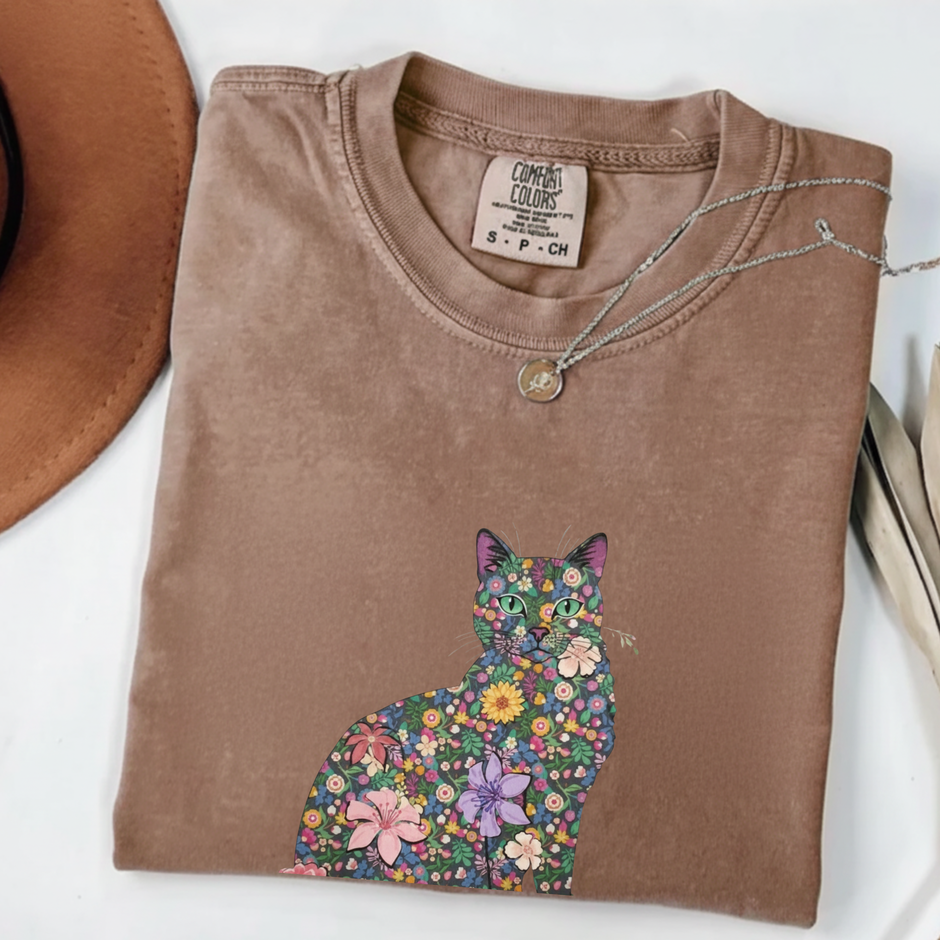 Floral Cat Silhouette Tee — Women's Cute Flower Cat T-Shirt