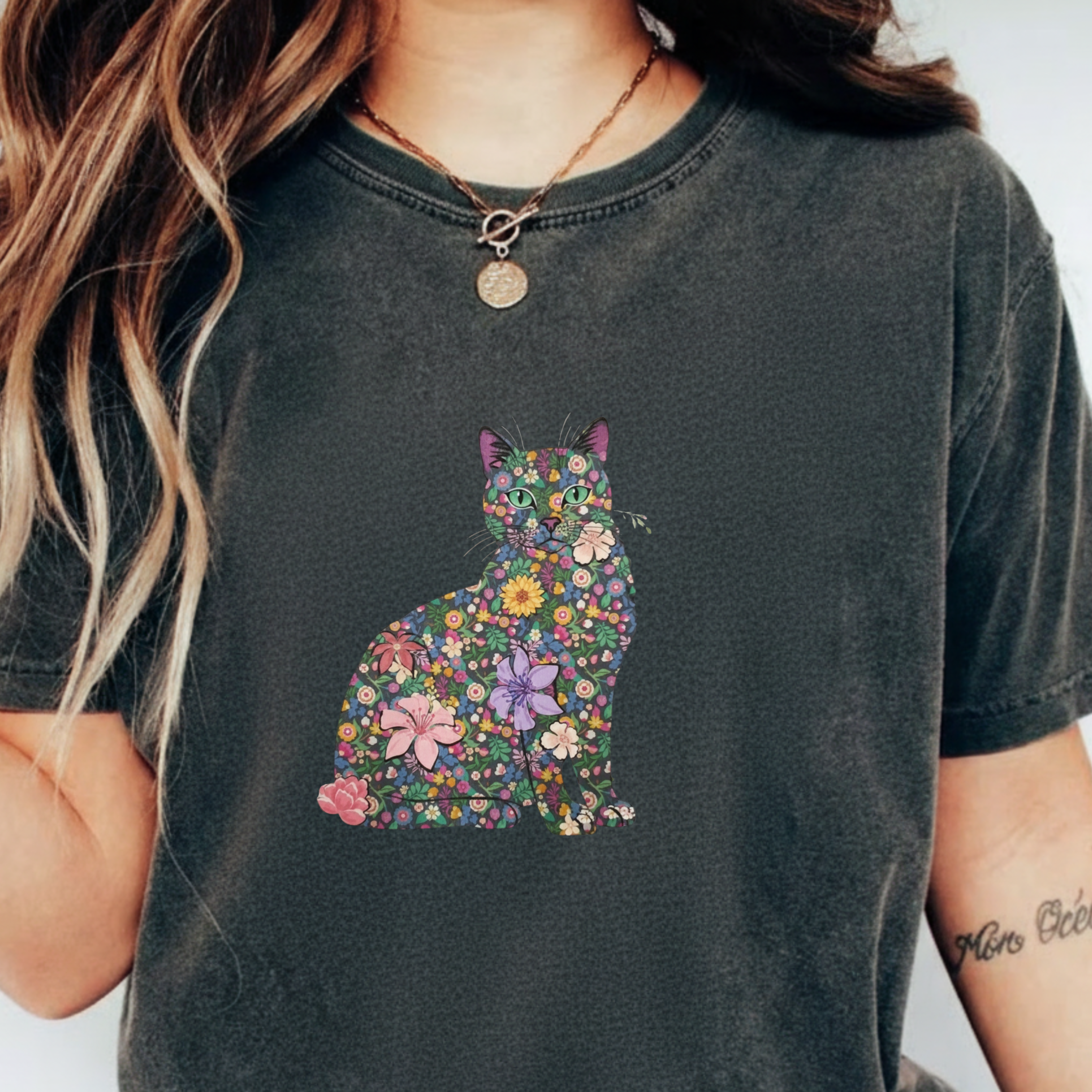 Floral Cat Silhouette Tee — Women's Cute Flower Cat T-Shirt