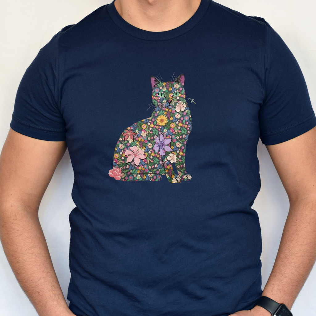 Floral Cat Silhouette Tee — Women's Cute Flower Cat T-Shirt
