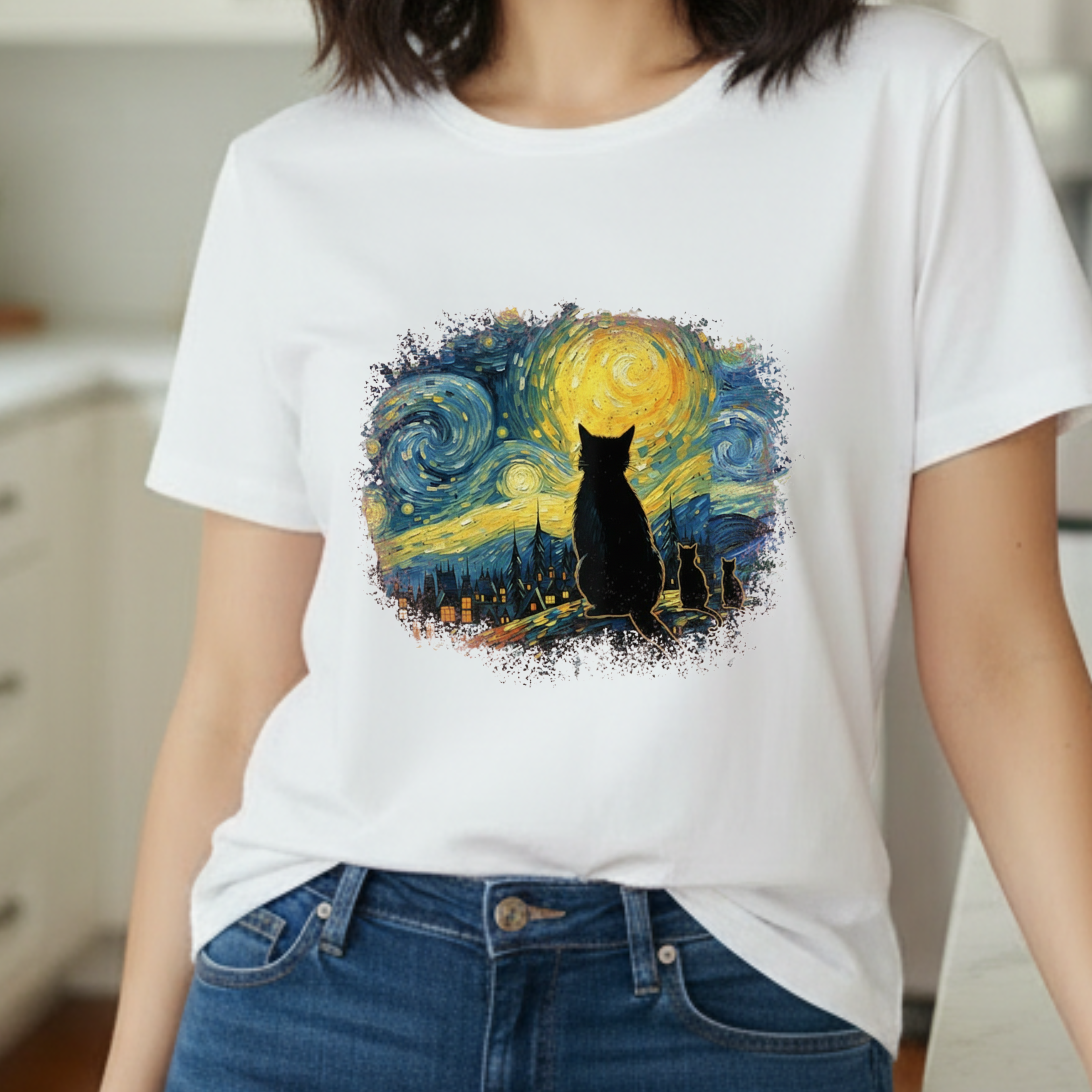 Starry Night Cat T-Shirt — Van Gogh Style Silhouette Tee