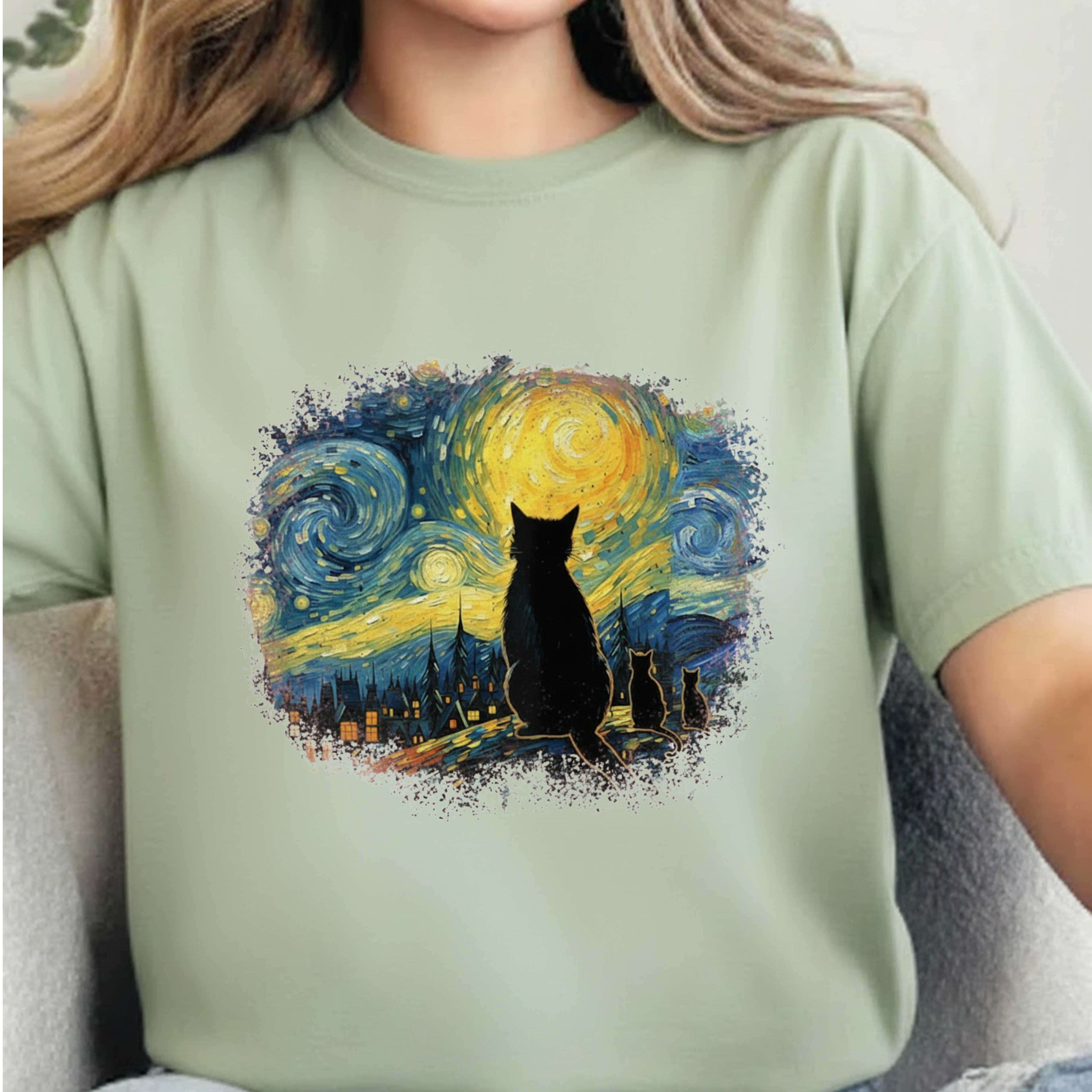 Starry Night Cat T-Shirt — Van Gogh Style Silhouette Tee