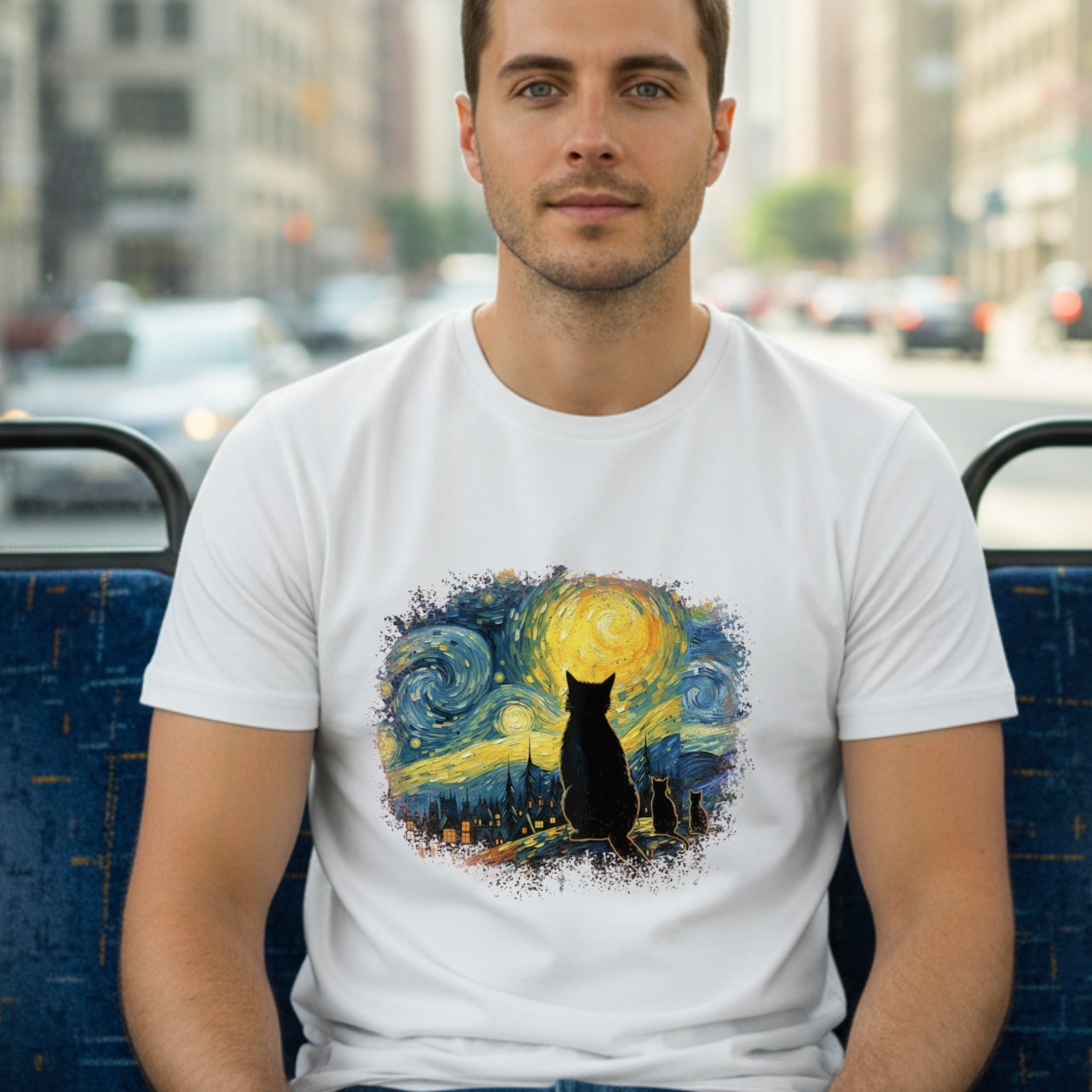 Starry Night Cat T-Shirt — Van Gogh Style Silhouette Tee