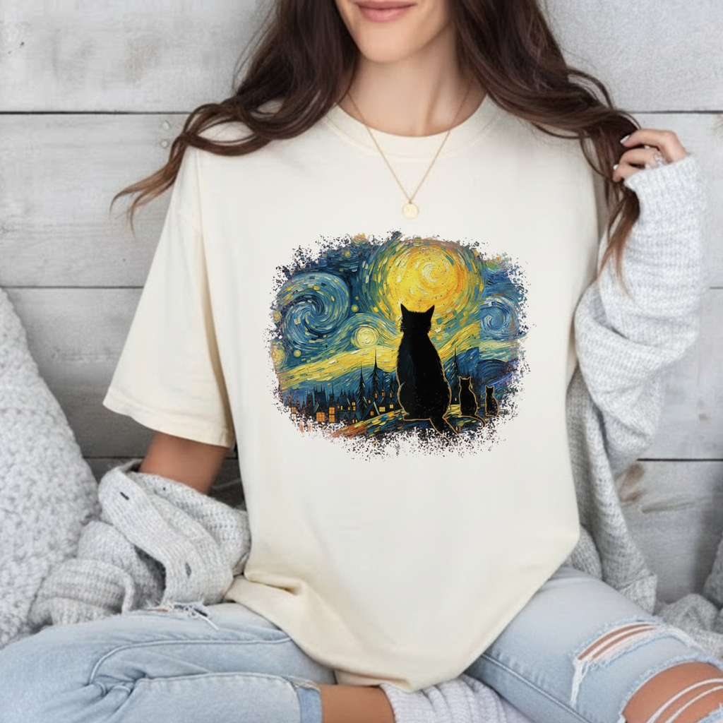 Starry Night Cat T-Shirt — Van Gogh Style Silhouette Tee