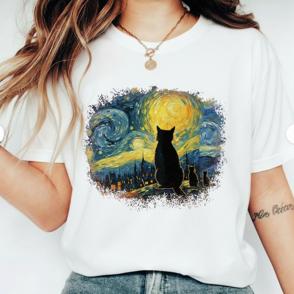 Starry Night Cat T-Shirt — Van Gogh Style Silhouette Tee