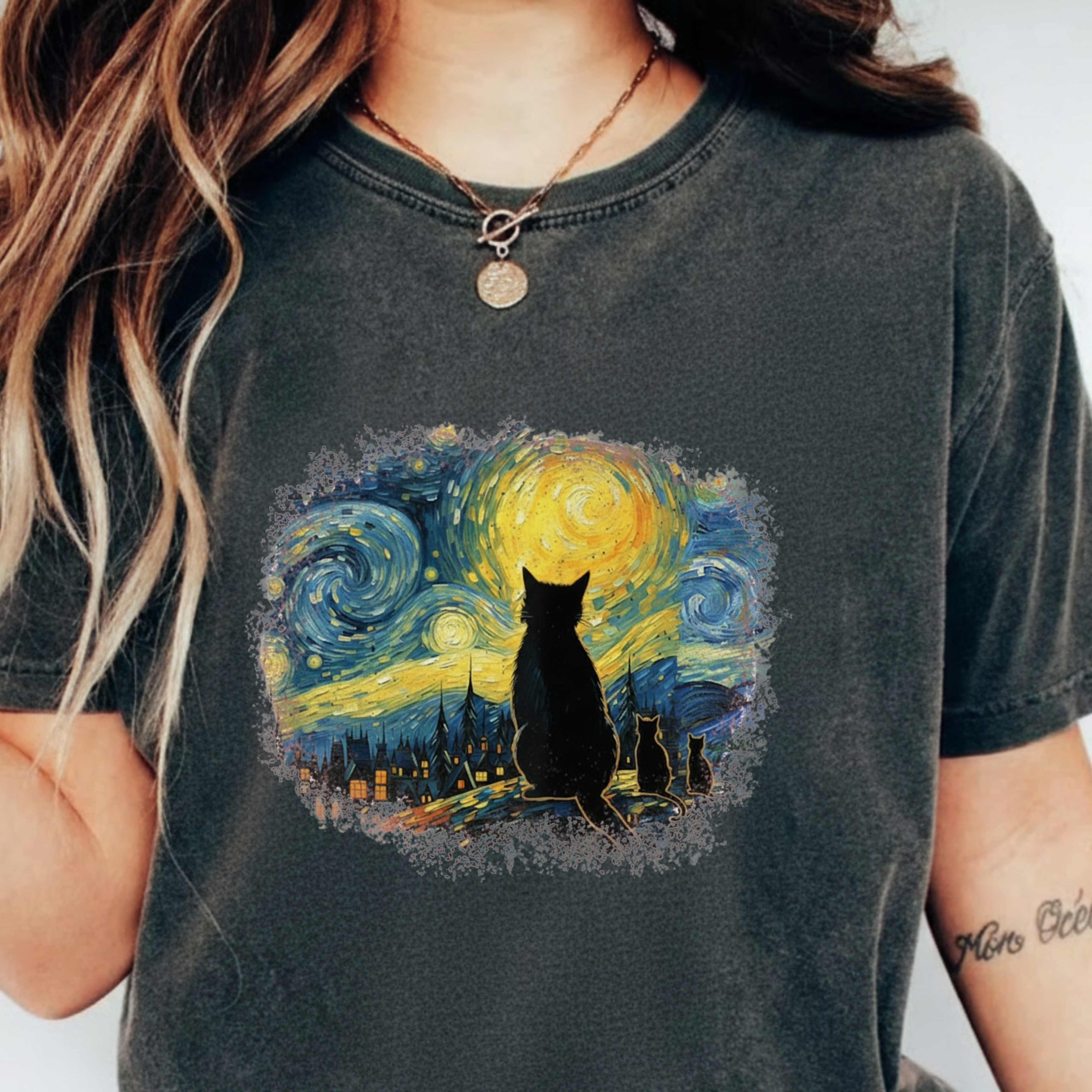 Starry Night Cat T-Shirt — Van Gogh Style Silhouette Tee