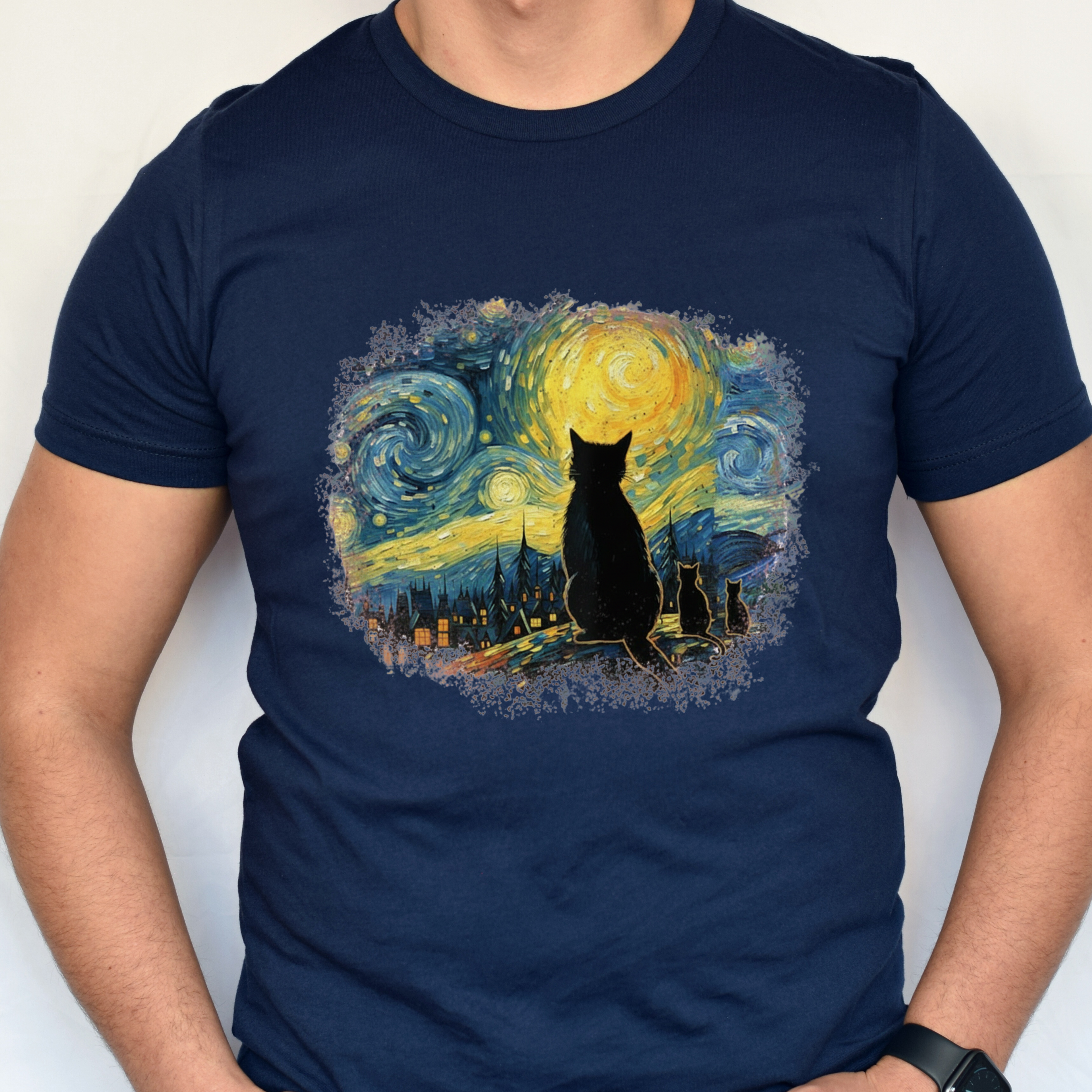 Starry Night Cat T-Shirt — Van Gogh Style Silhouette Tee