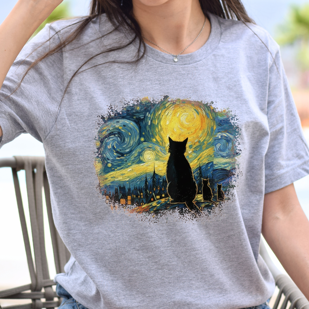 Starry Night Cat T-Shirt — Van Gogh Style Silhouette Tee
