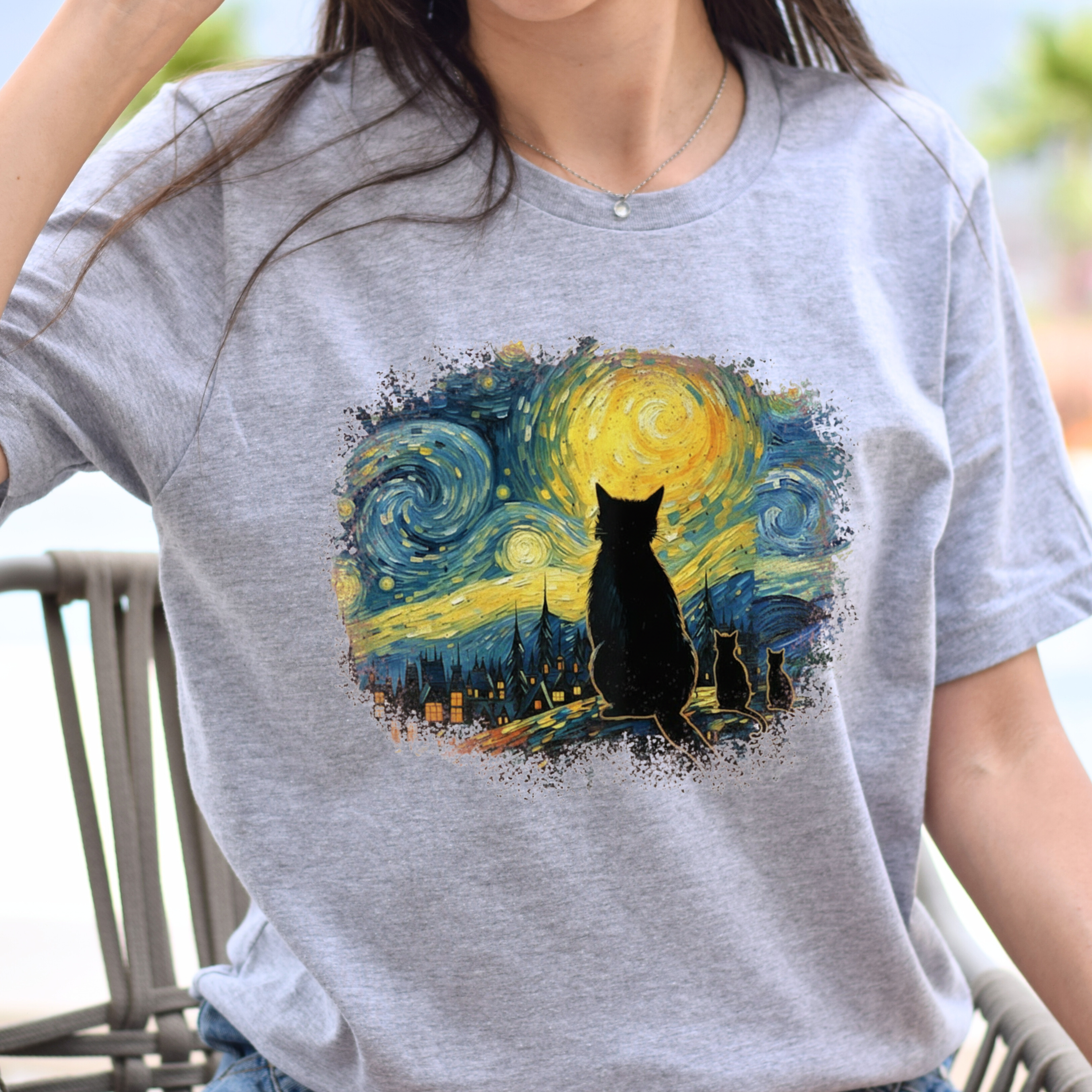 Starry Night Cat T-Shirt — Van Gogh Style Silhouette Tee