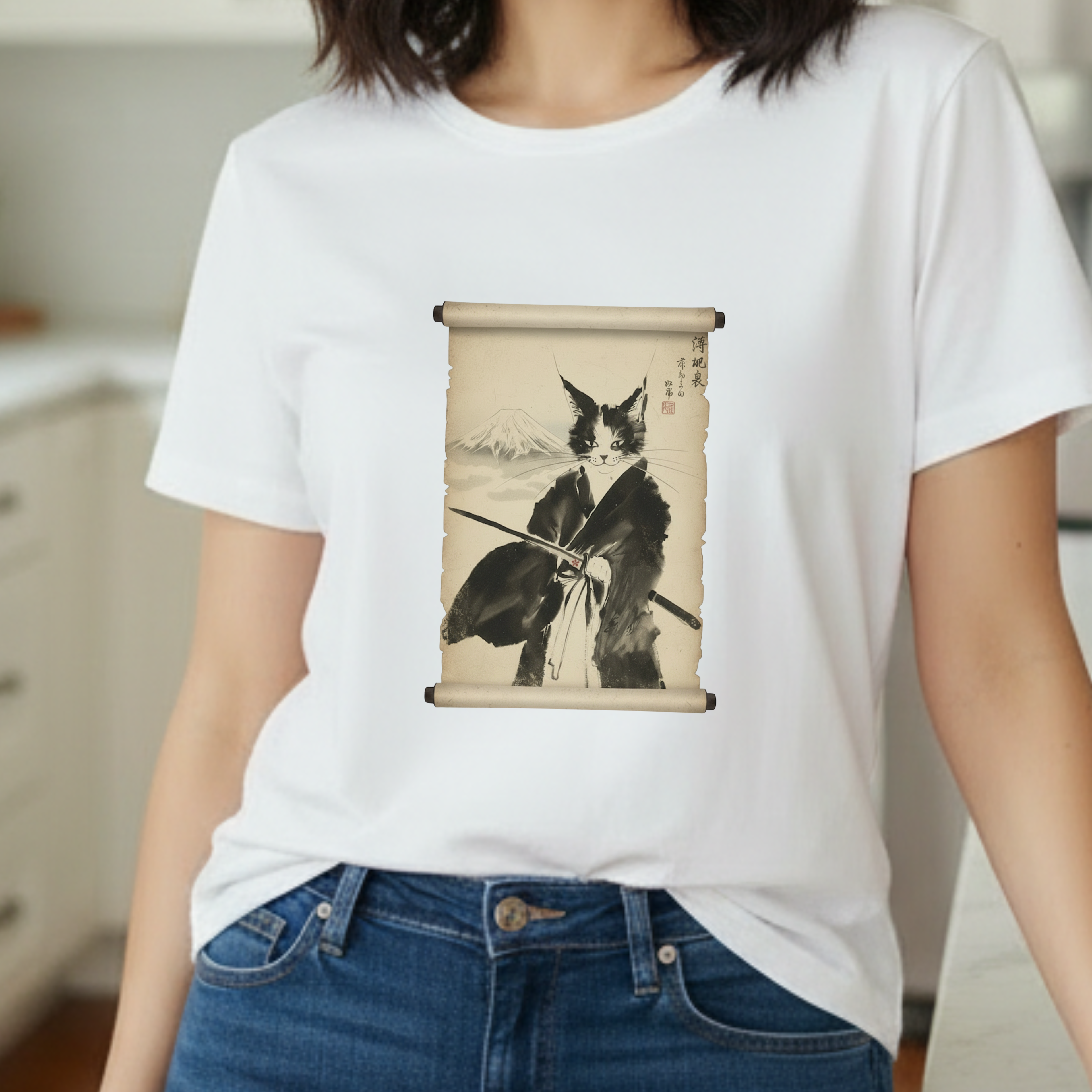 Samurai Cat Ninja Fox Scroll T-Shirt — Vintage Japanese Ink Art Tee