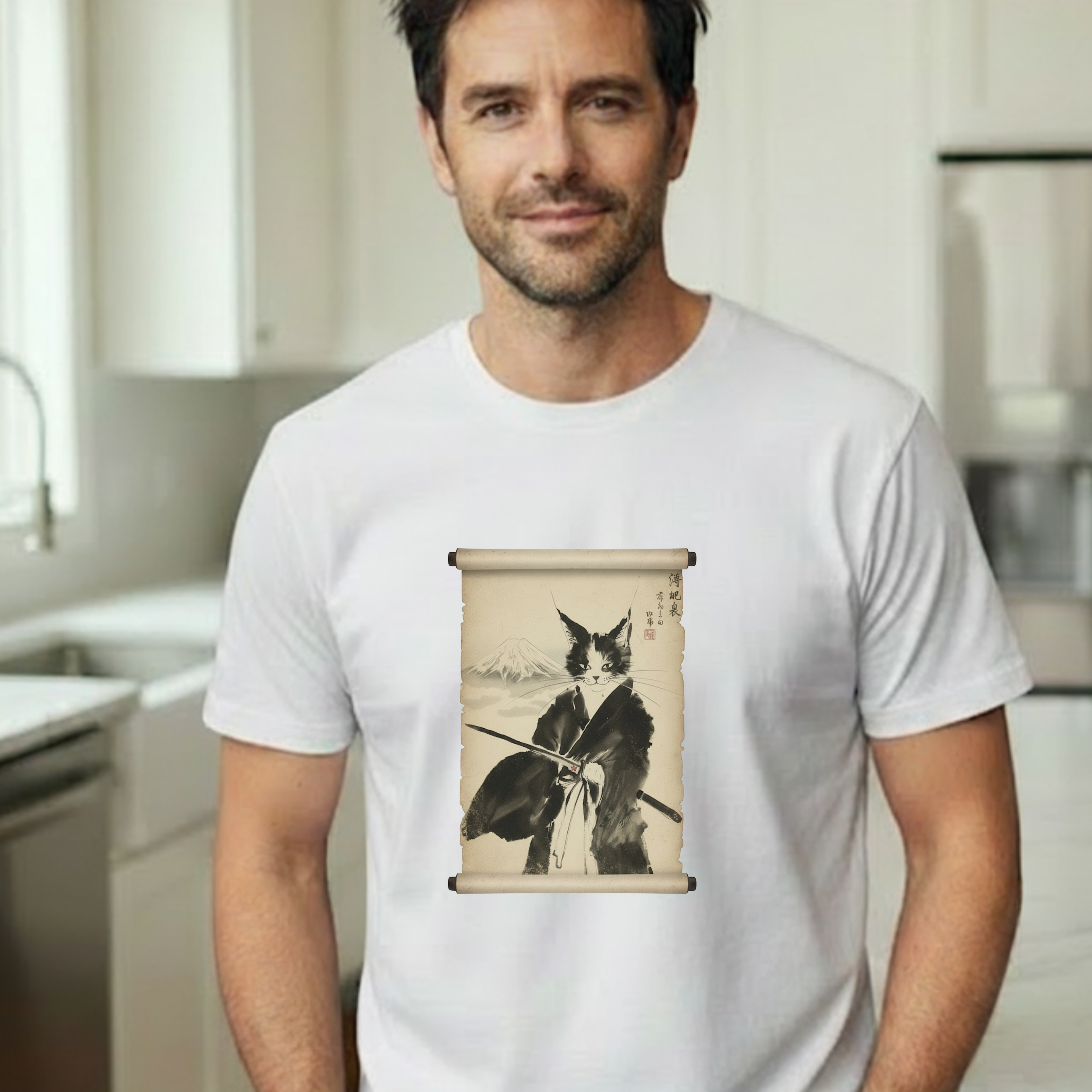 Samurai Cat Ninja Fox Scroll T-Shirt — Vintage Japanese Ink Art Tee