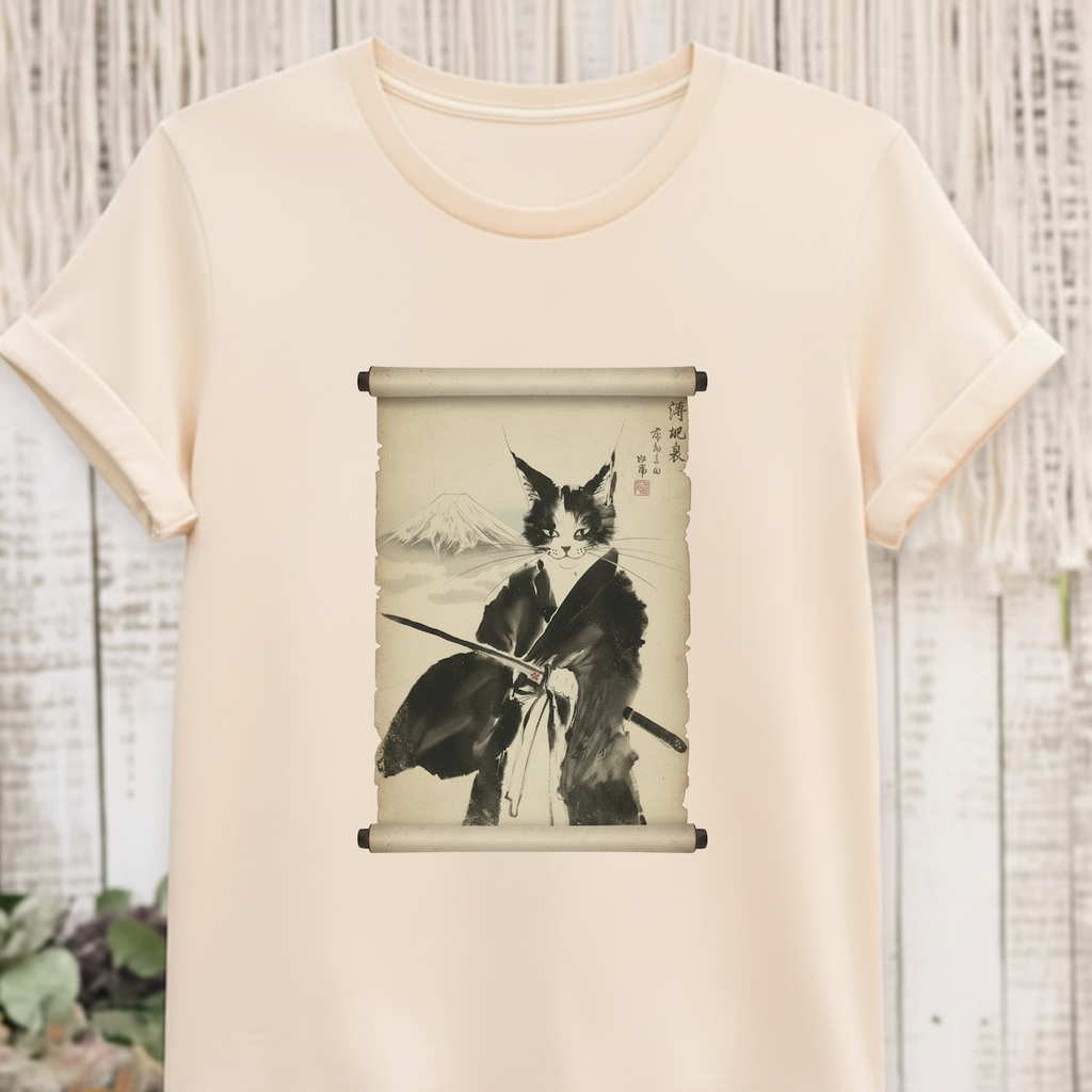 Samurai Cat Ninja Fox Scroll T-Shirt — Vintage Japanese Ink Art Tee