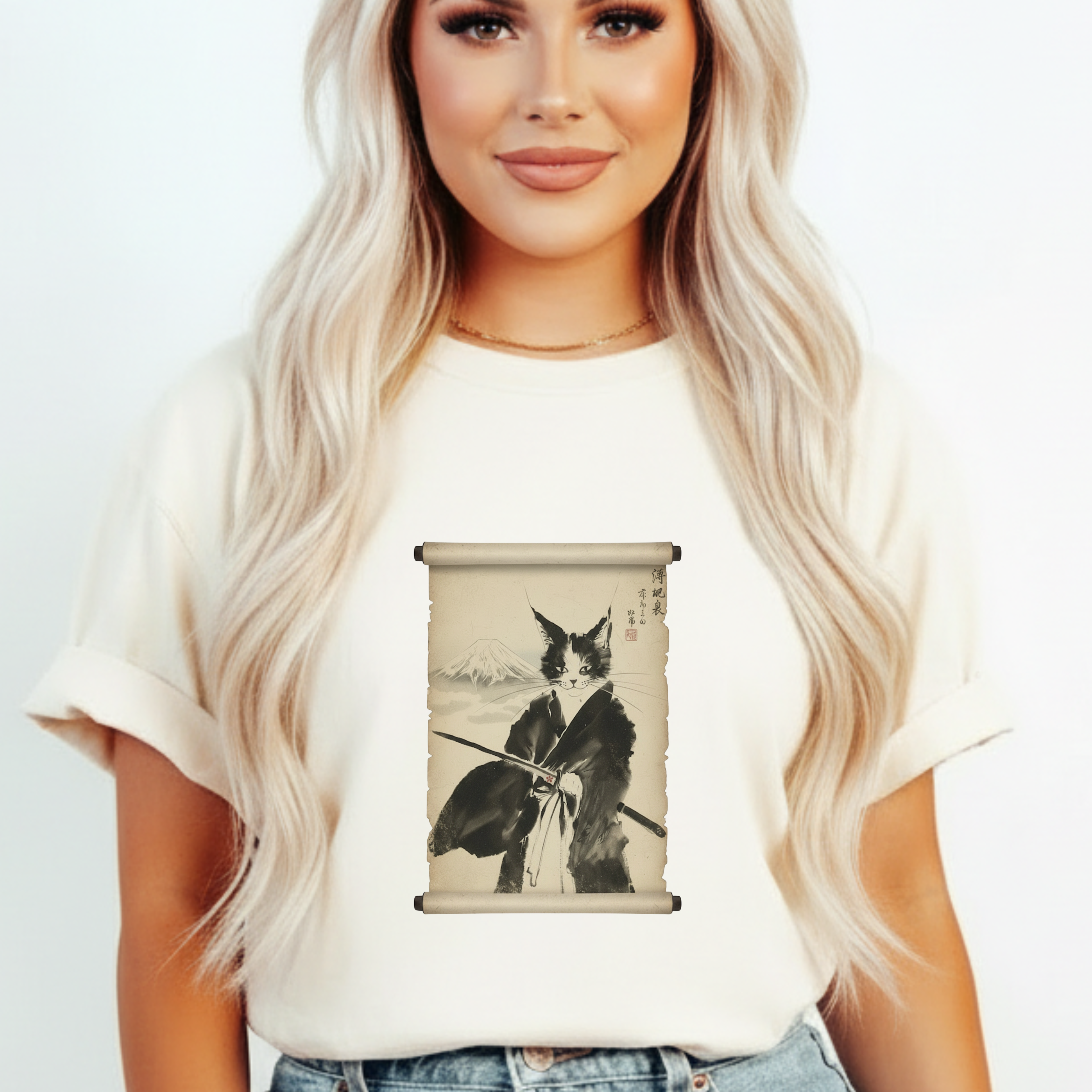 Samurai Cat Ninja Fox Scroll T-Shirt — Vintage Japanese Ink Art Tee