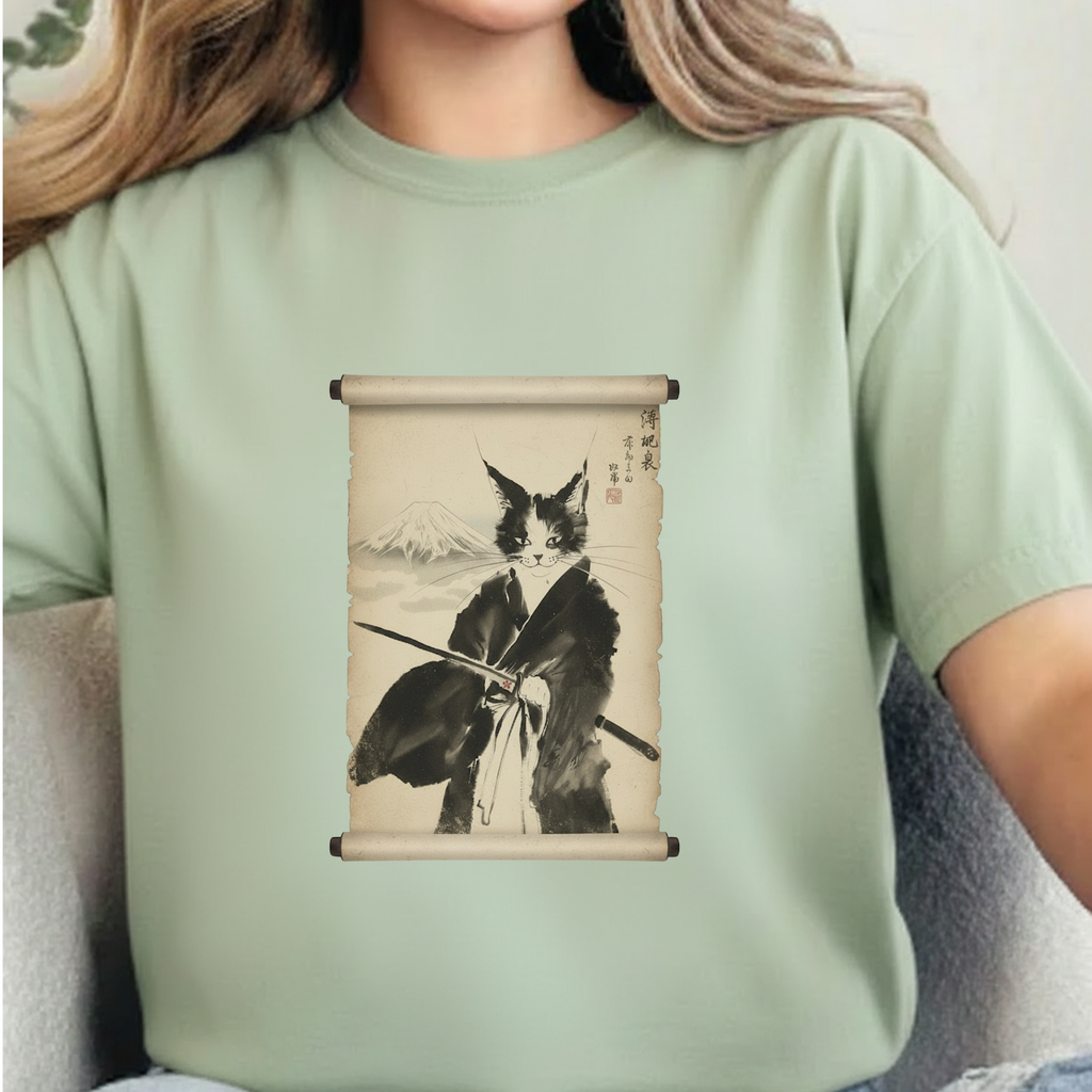 Samurai Cat Ninja Fox Scroll T-Shirt — Vintage Japanese Ink Art Tee