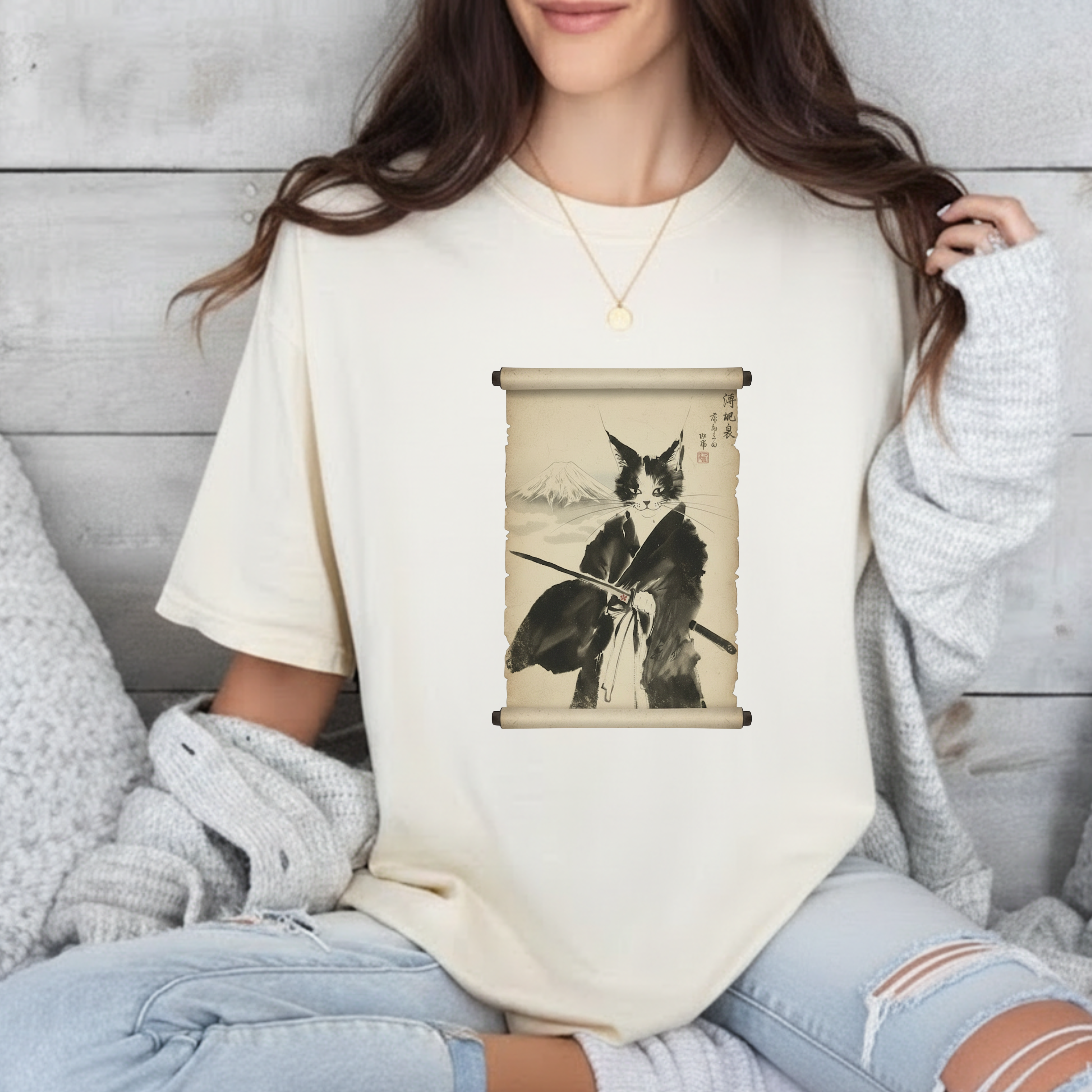 Samurai Cat Ninja Fox Scroll T-Shirt — Vintage Japanese Ink Art Tee