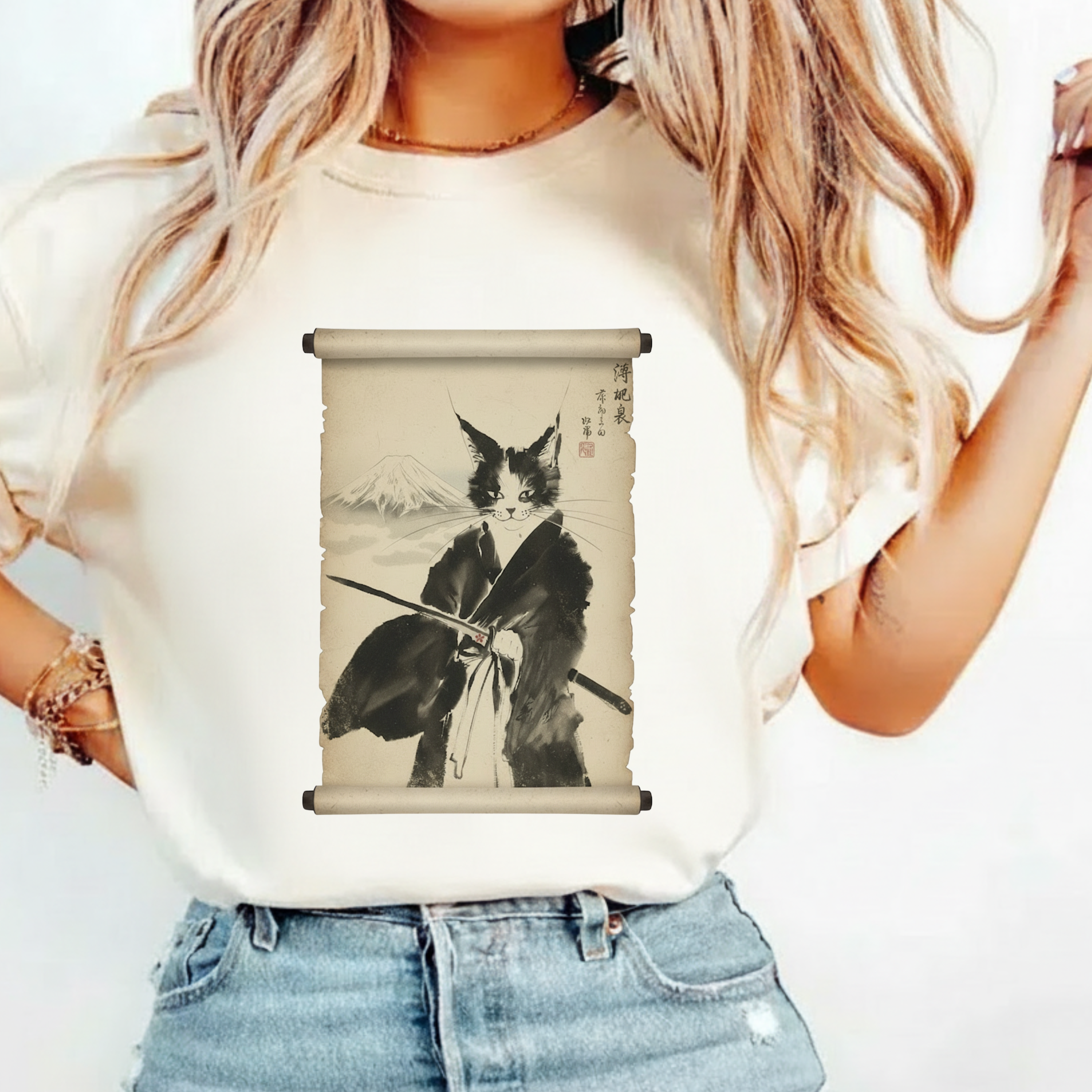 Samurai Cat Ninja Fox Scroll T-Shirt — Vintage Japanese Ink Art Tee