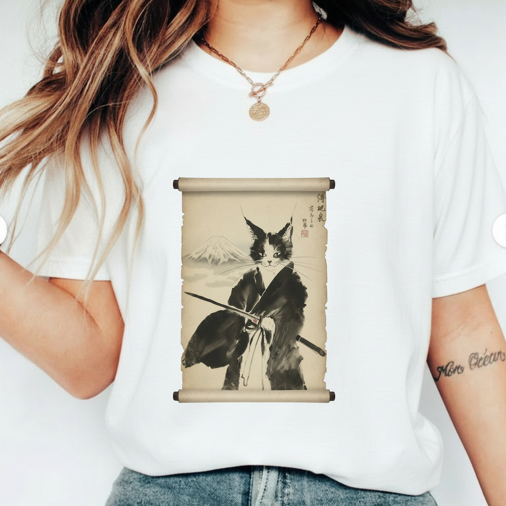 Samurai Cat Ninja Fox Scroll T-Shirt — Vintage Japanese Ink Art Tee
