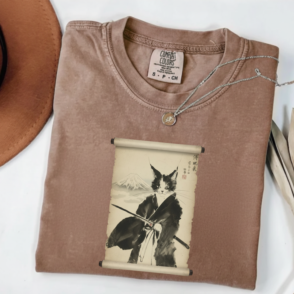 Samurai Cat Ninja Fox Scroll T-Shirt — Vintage Japanese Ink Art Tee