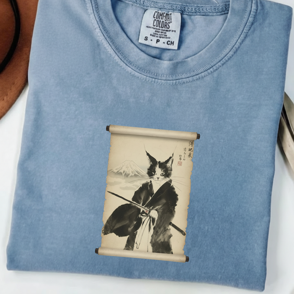 Samurai Cat Ninja Fox Scroll T-Shirt — Vintage Japanese Ink Art Tee