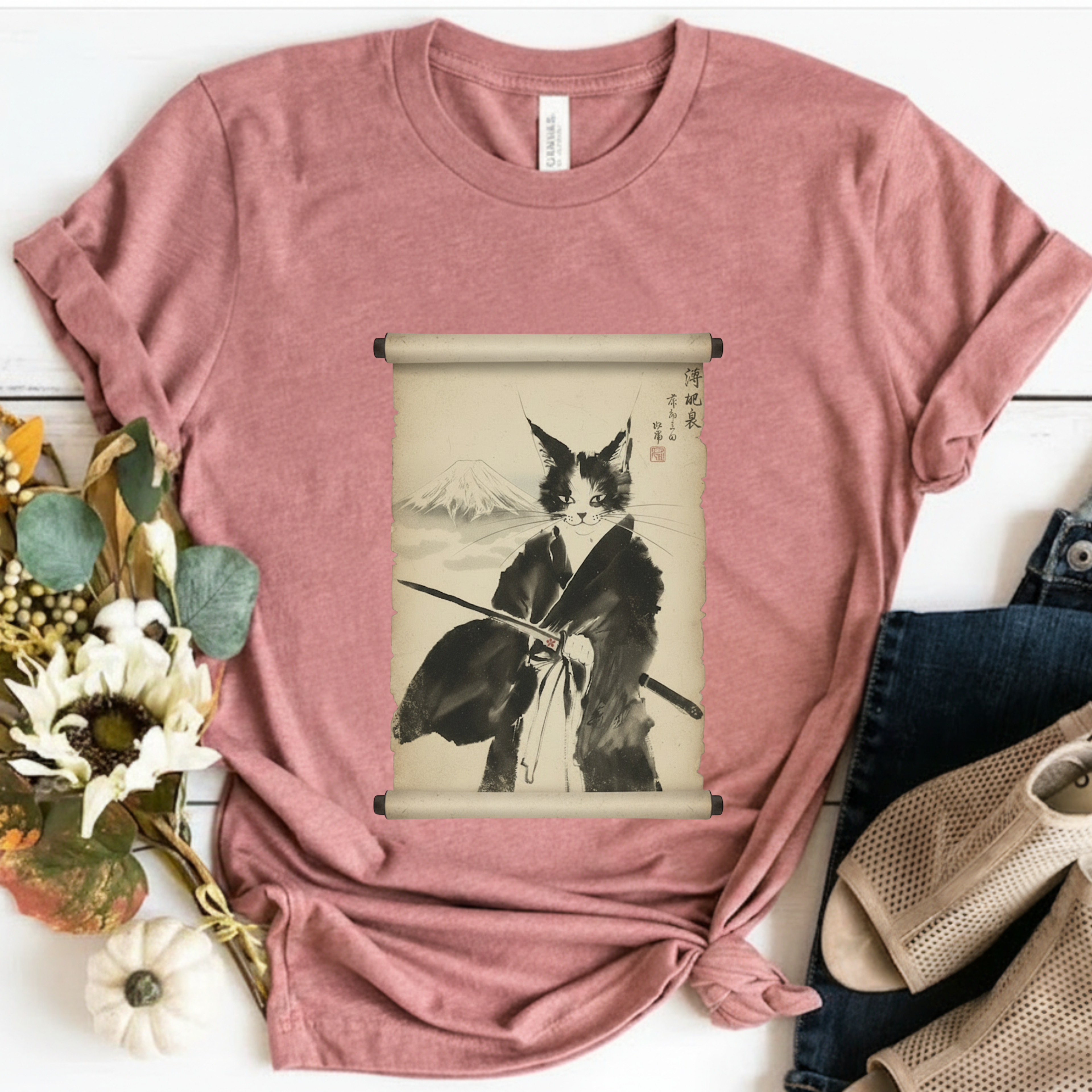 Samurai Cat Ninja Fox Scroll T-Shirt — Vintage Japanese Ink Art Tee