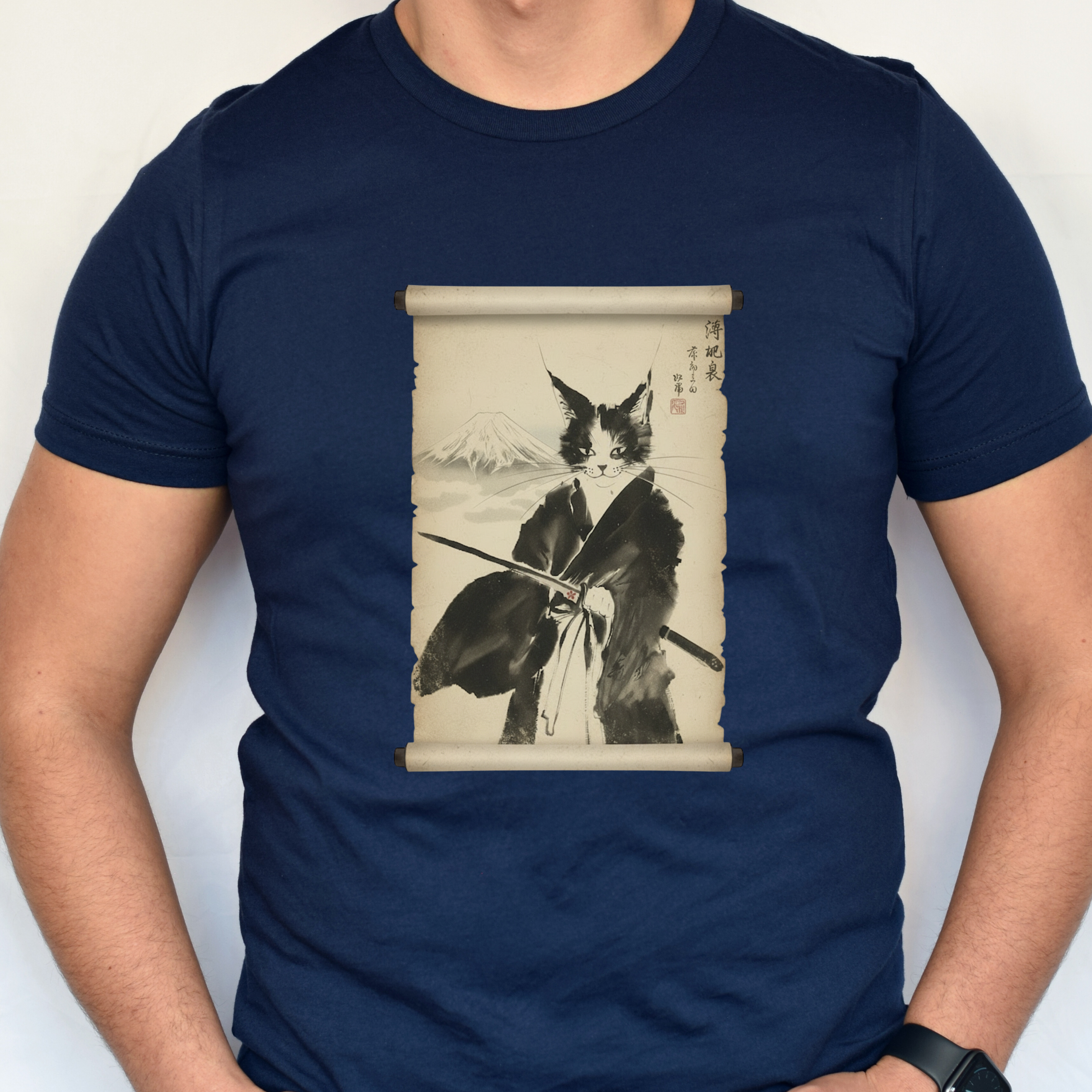 Samurai Cat Ninja Fox Scroll T-Shirt — Vintage Japanese Ink Art Tee