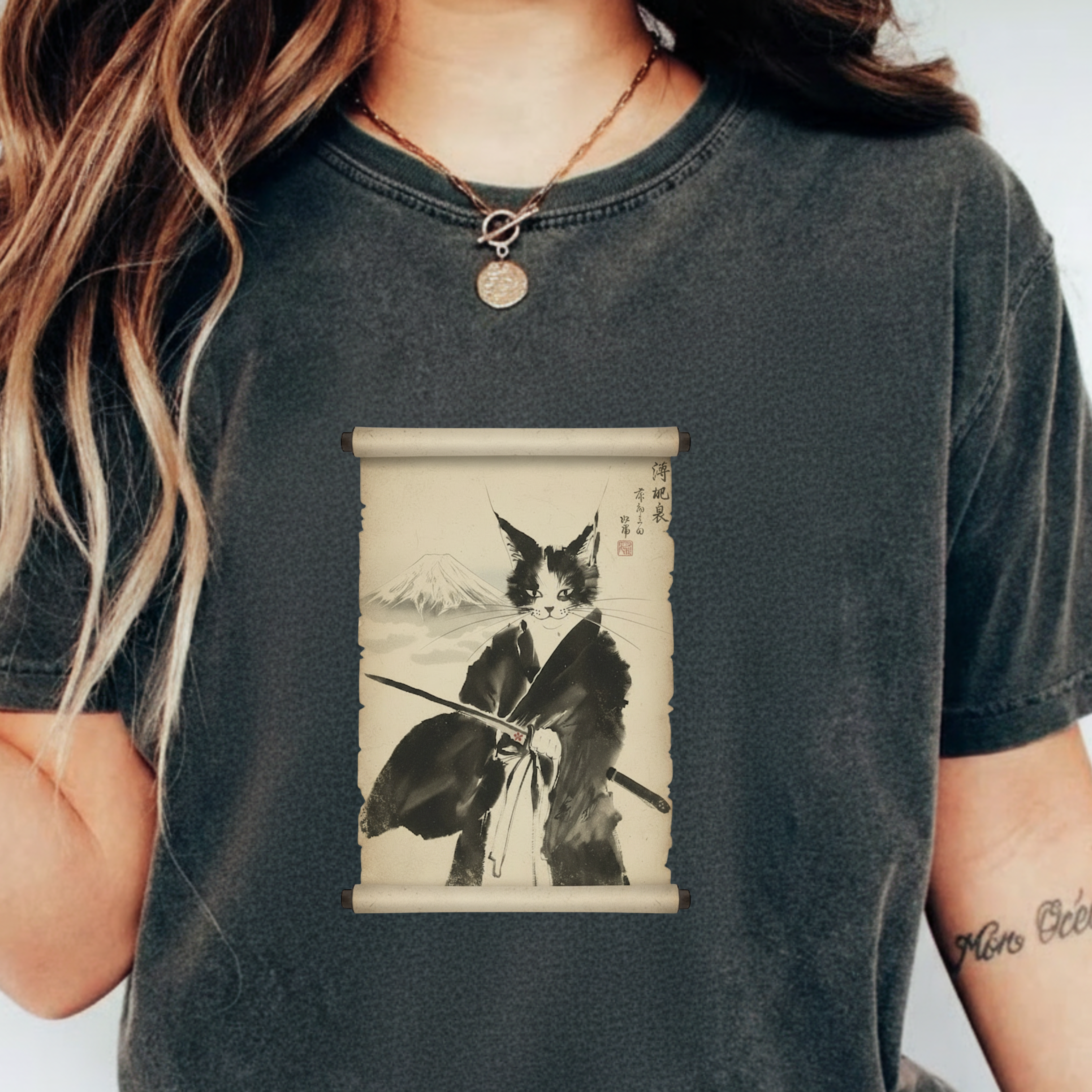 Samurai Cat Ninja Fox Scroll T-Shirt — Vintage Japanese Ink Art Tee