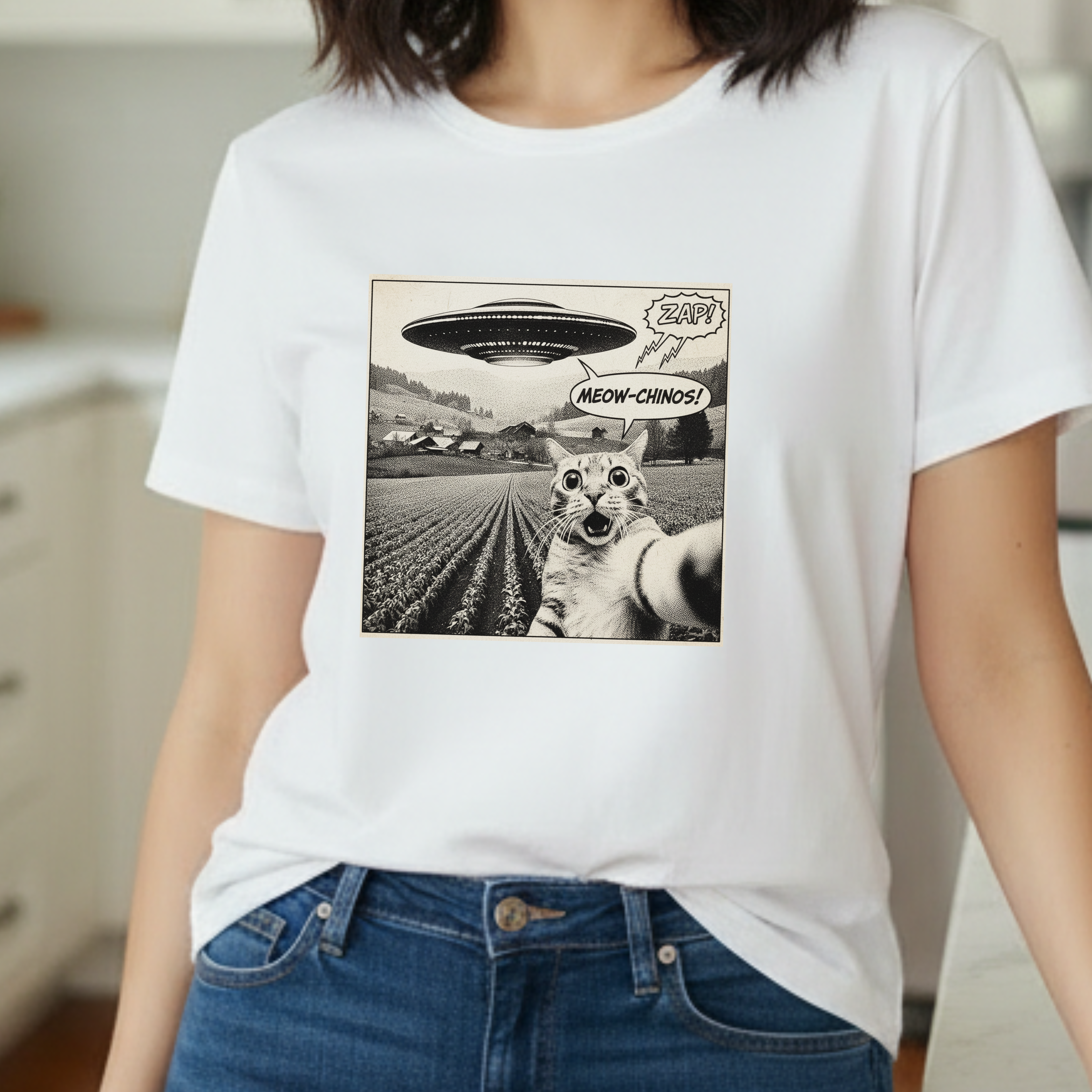 Alien UFO Cat Selfie T-Shirt – Retro Comic "Meow-gnosis" Graphic Tee