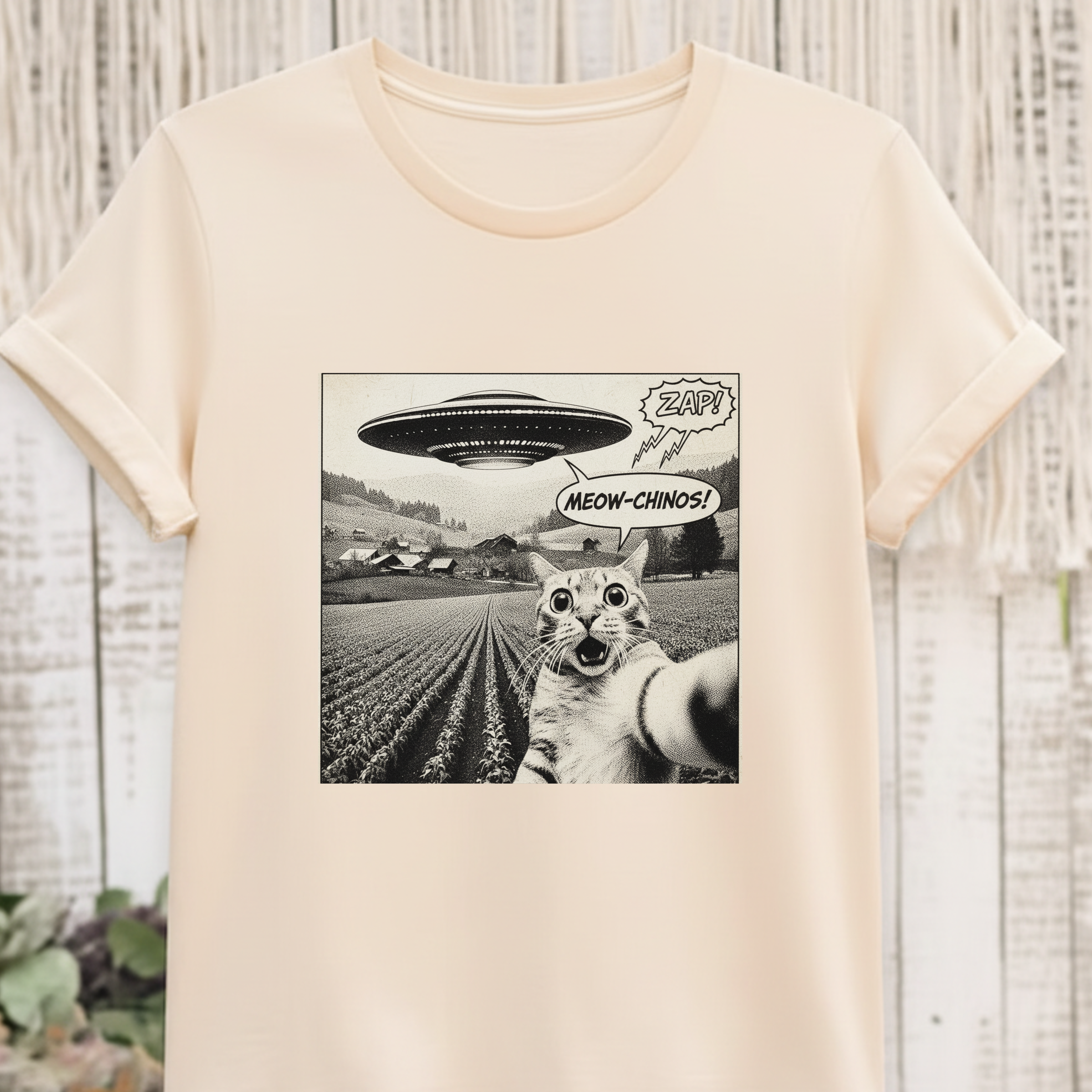 Alien UFO Cat Selfie T-Shirt – Retro Comic "Meow-gnosis" Graphic Tee