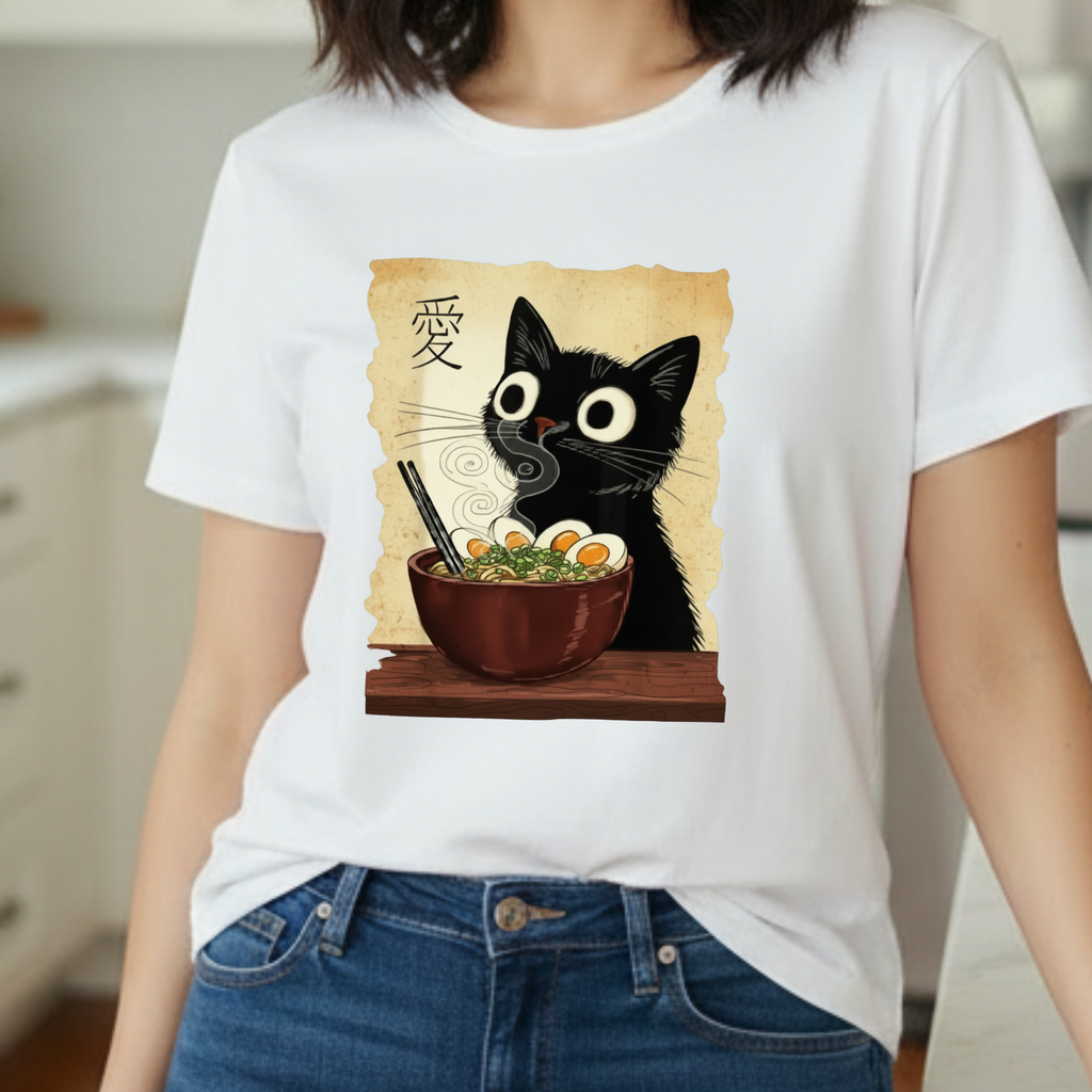 Black Cat Ramen T-Shirt — Cute Japanese Neko Love Graphic Tee