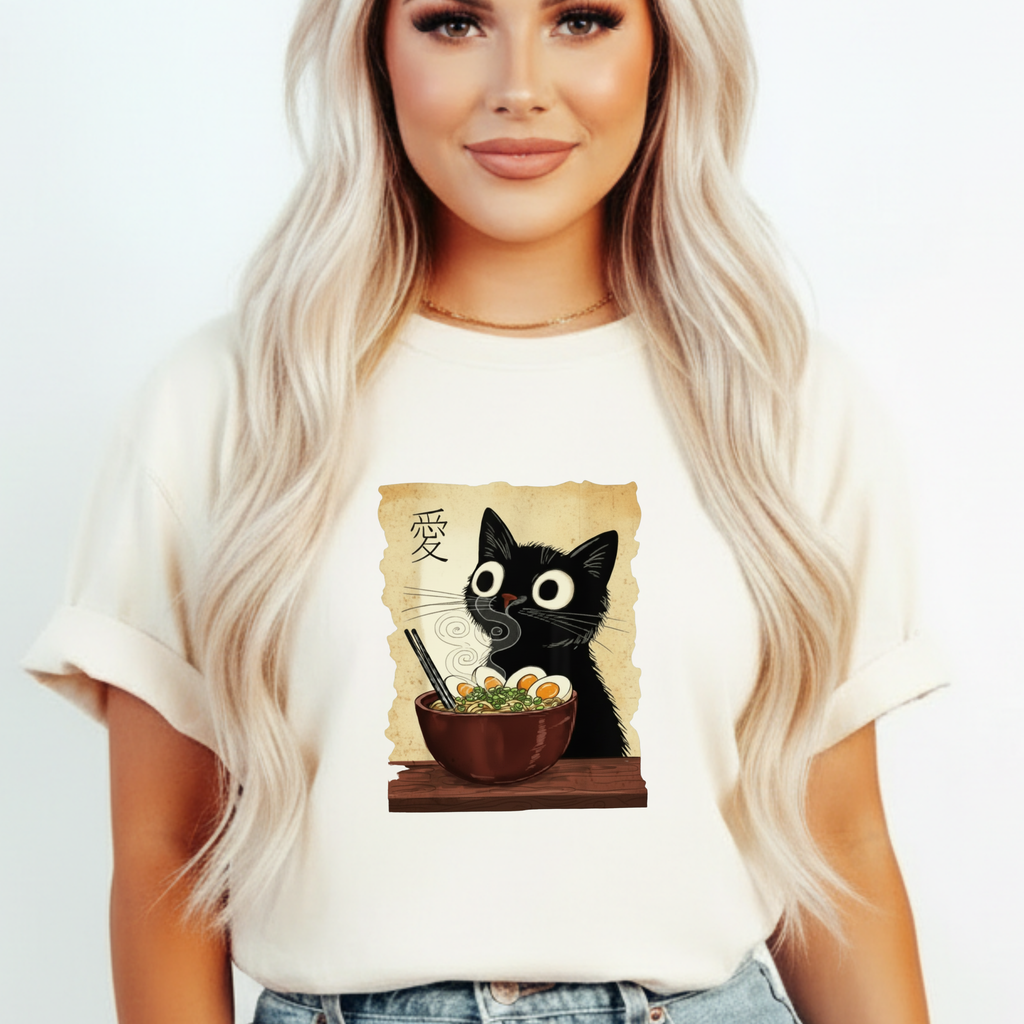 Black Cat Ramen T-Shirt — Cute Japanese Neko Love Graphic Tee