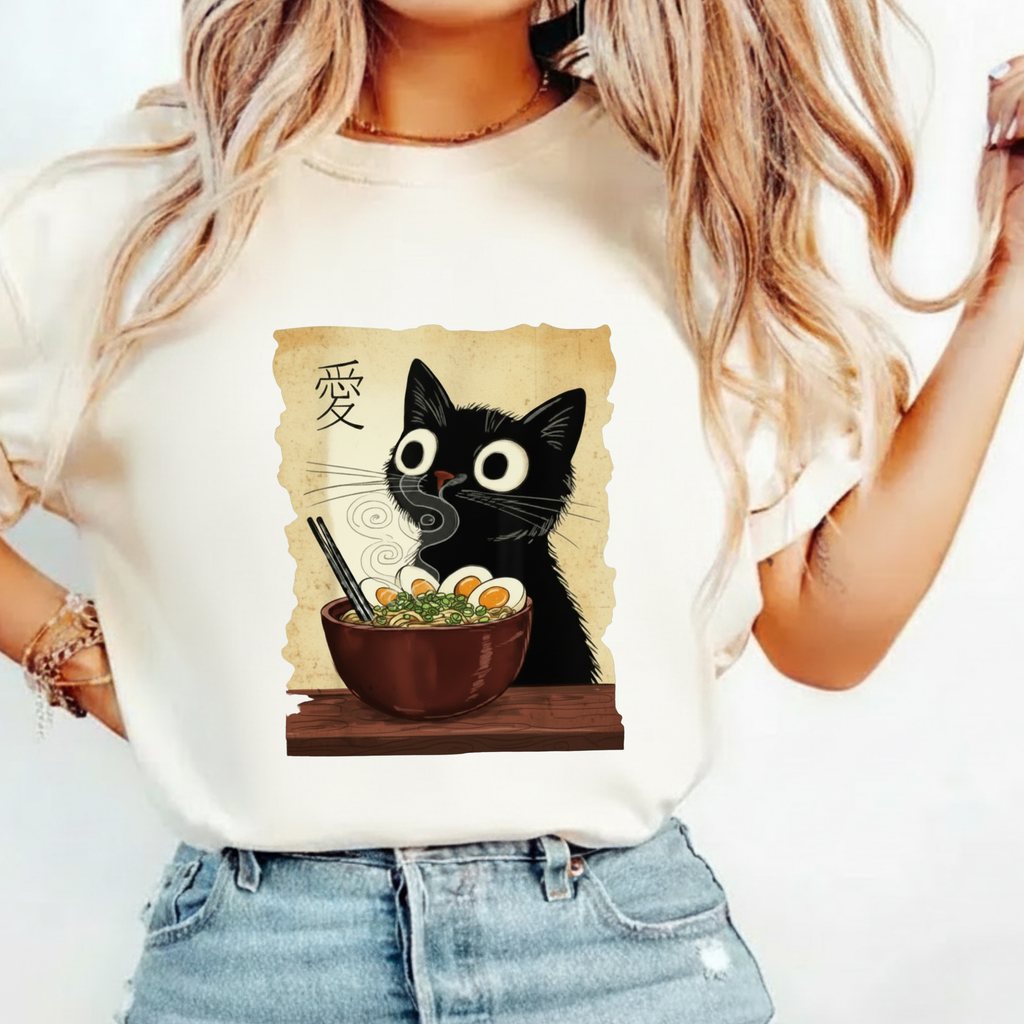 Black Cat Ramen T-Shirt — Cute Japanese Neko Love Graphic Tee