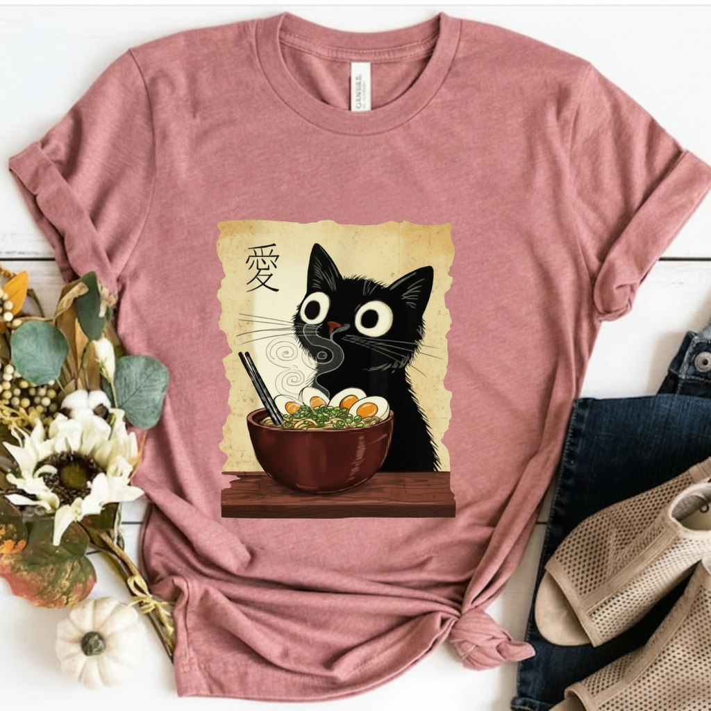 Black Cat Ramen T-Shirt — Cute Japanese Neko Love Graphic Tee