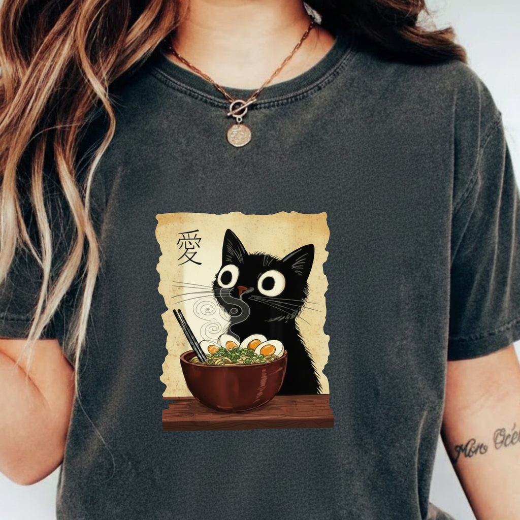 Black Cat Ramen T-Shirt — Cute Japanese Neko Love Graphic Tee