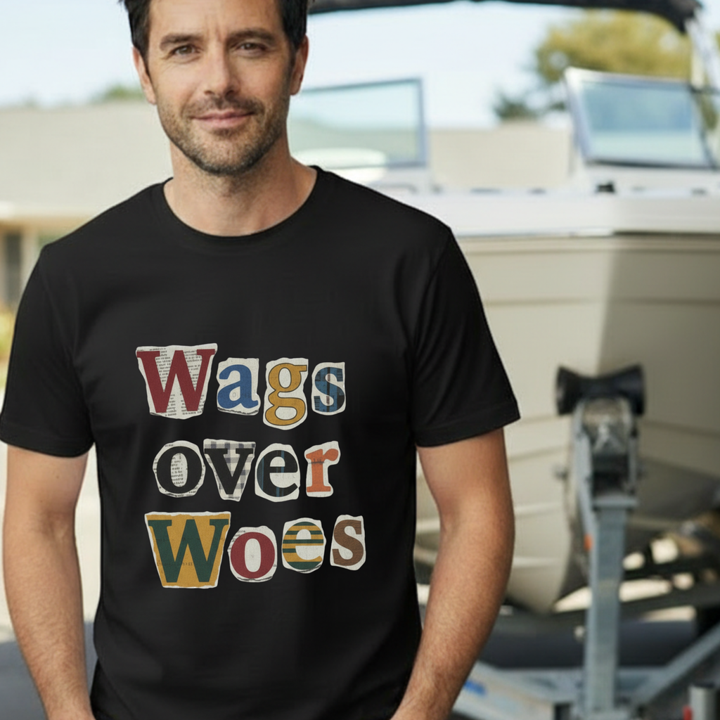 Wags Over Woes T-Shirt — Vintage Patch Lettering Dog Lover Tee Retro Design