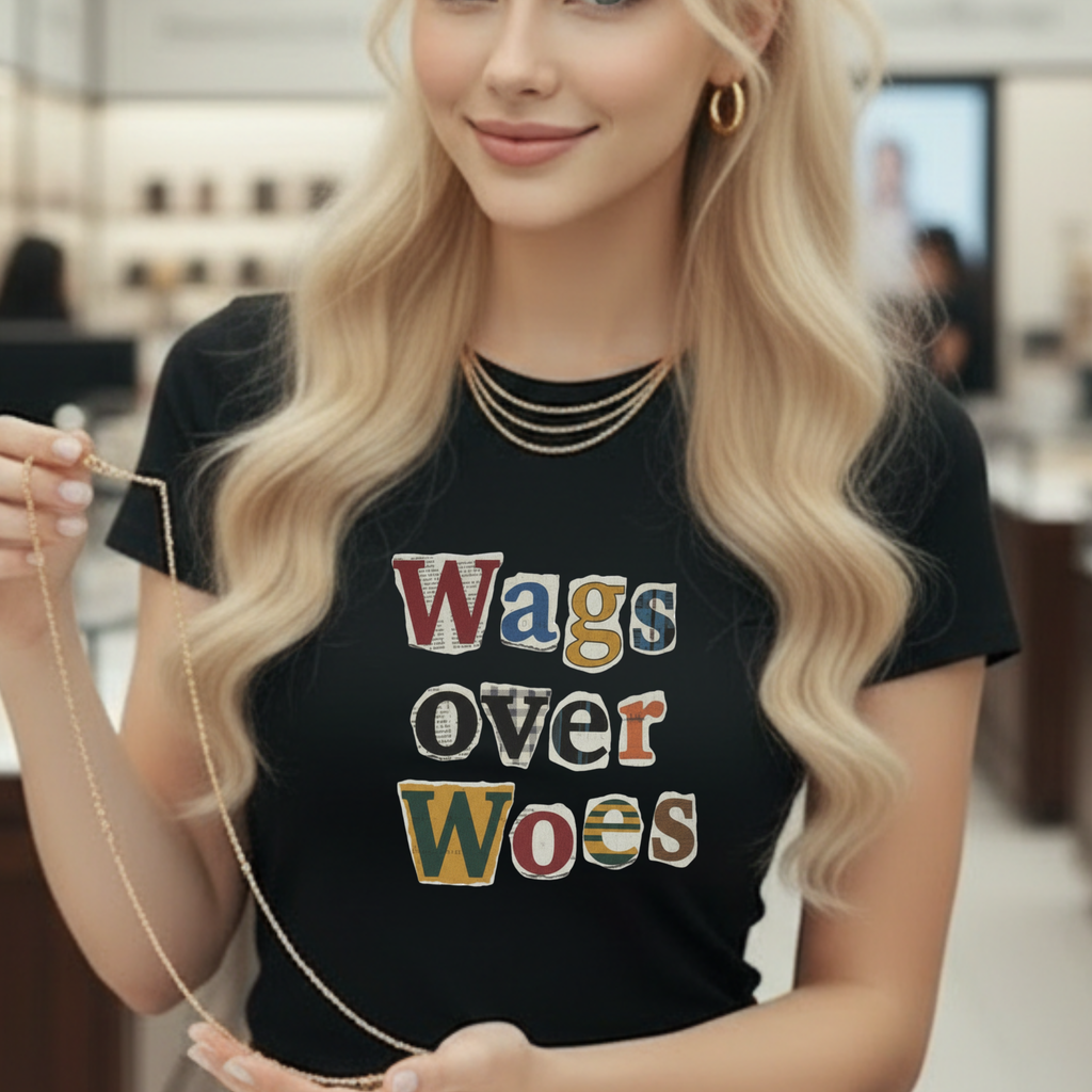Wags Over Woes T-Shirt — Vintage Patch Lettering Dog Lover Tee Retro Design