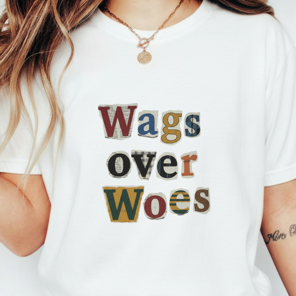 Wags Over Woes T-Shirt — Vintage Patch Lettering Dog Lover Tee Retro Design